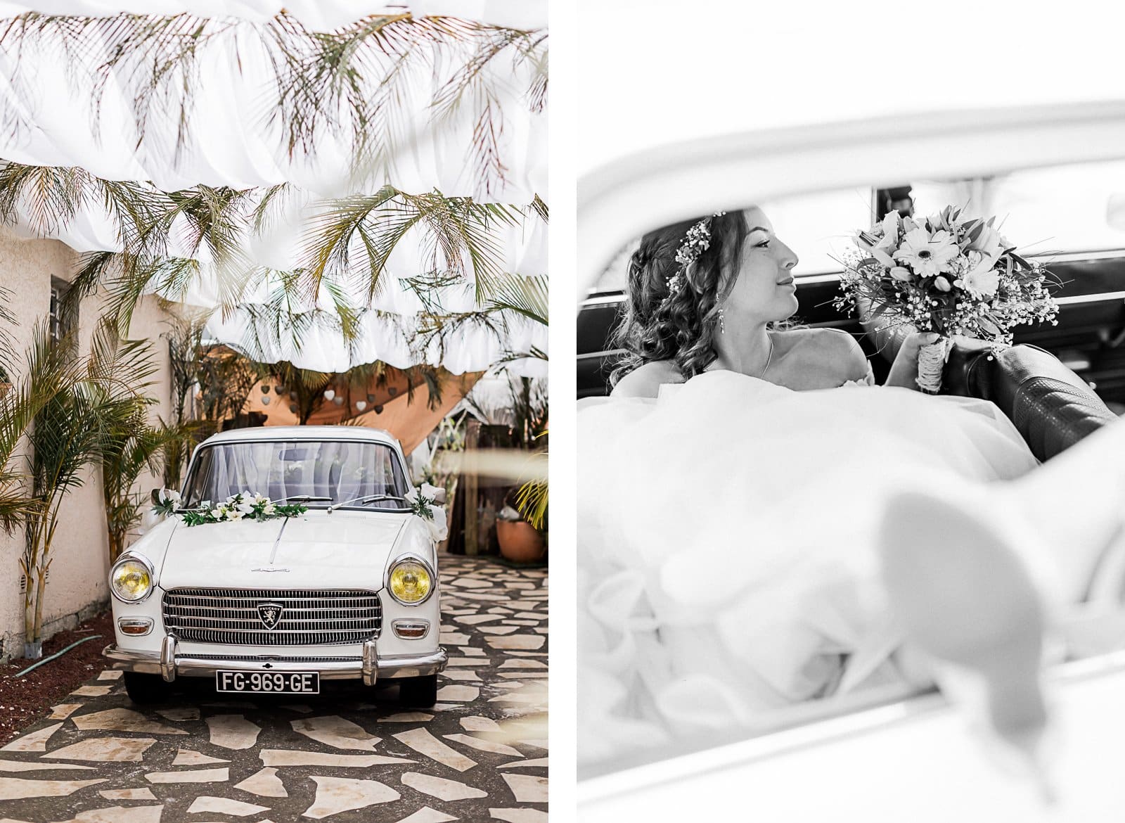 Photographie de Mathieu Dété, photographe de mariage et famille à Saint-Pierre sur l'île de la Réunion 974, présentant la mariée prête à partir dans la voiture
