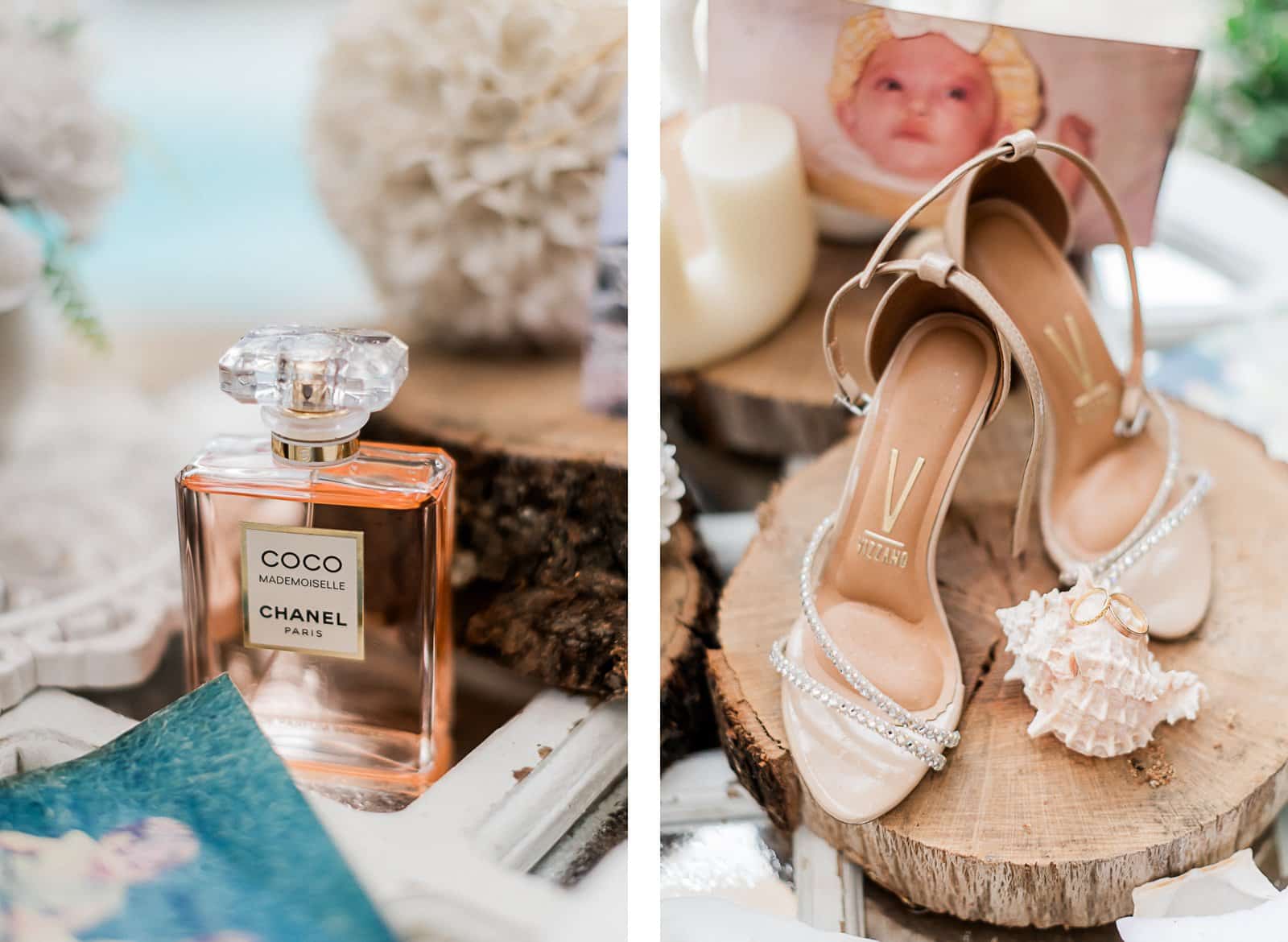 Photographie de Mathieu Dété, photographe de mariage et famille à Saint-Pierre sur l'île de la Réunion 974, présentant les détails des chaussures et du parfum de la mariée