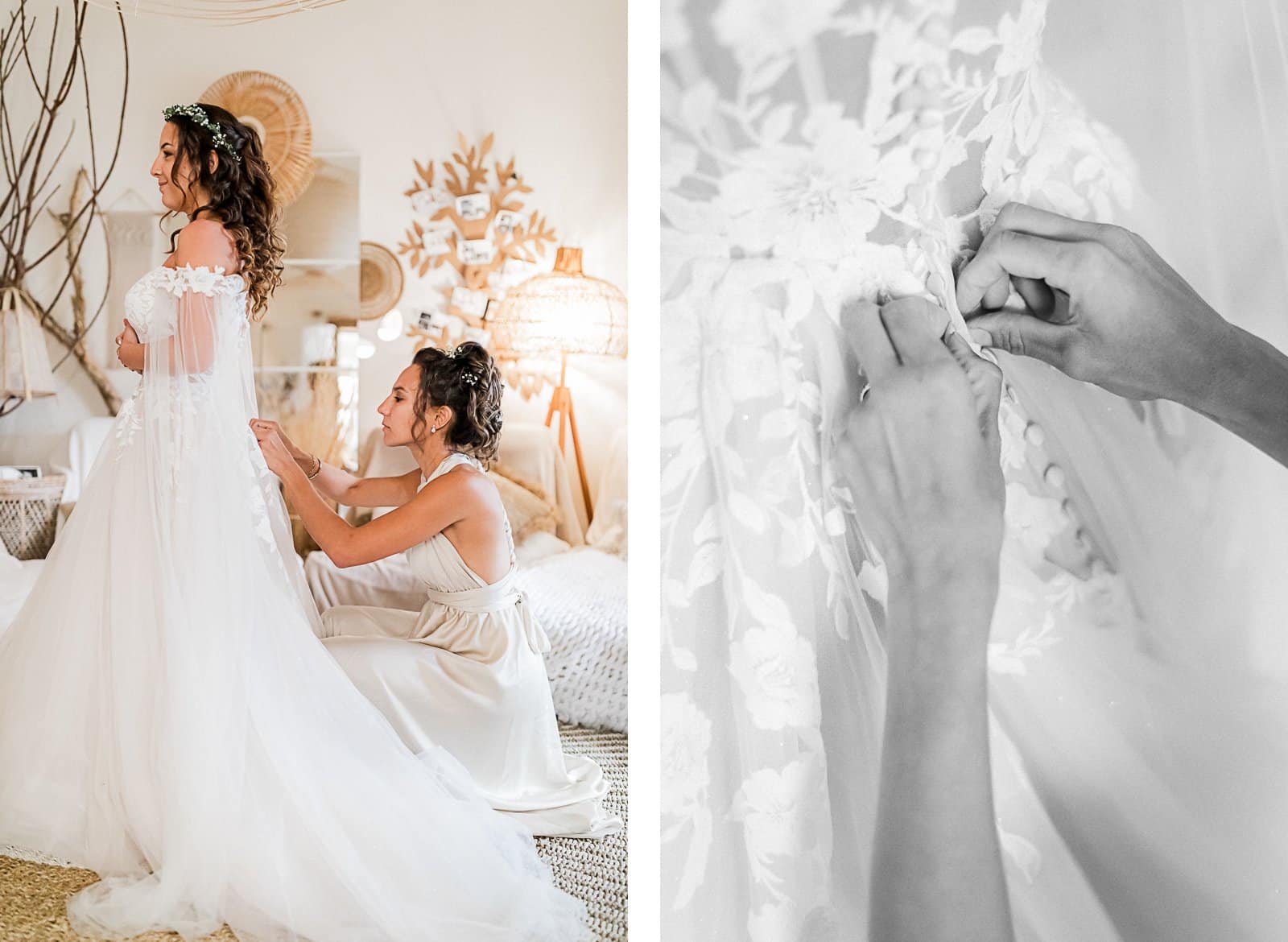 Photographie de Mathieu Dété, photographe de mariage et famille à Saint-Pierre sur l'île de la Réunion 974, présentant un portrait de la mariée pendant l'habillage de la robe