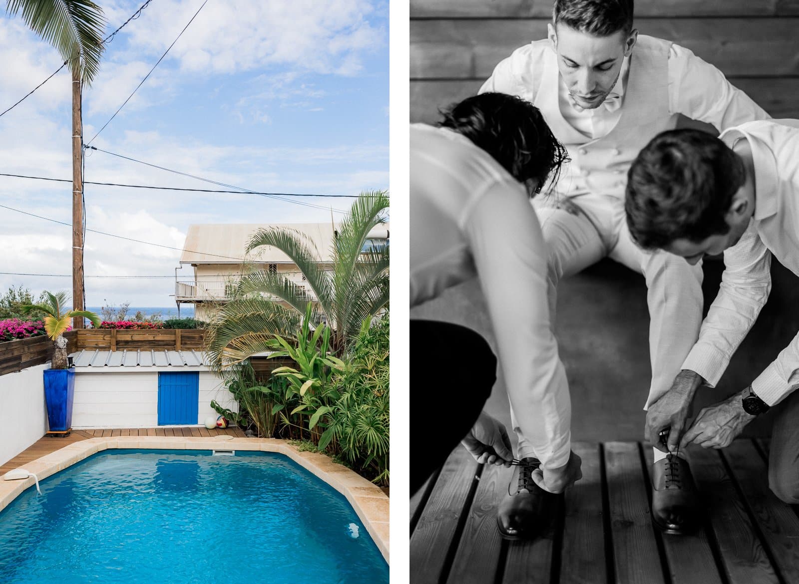 Photographie de Mathieu Dété, photographe de mariage et mode à Saint-Leu sur l'île de la Réunion 974, présentant les témoins qui habillent le marié, dans leur villa en bord de mer