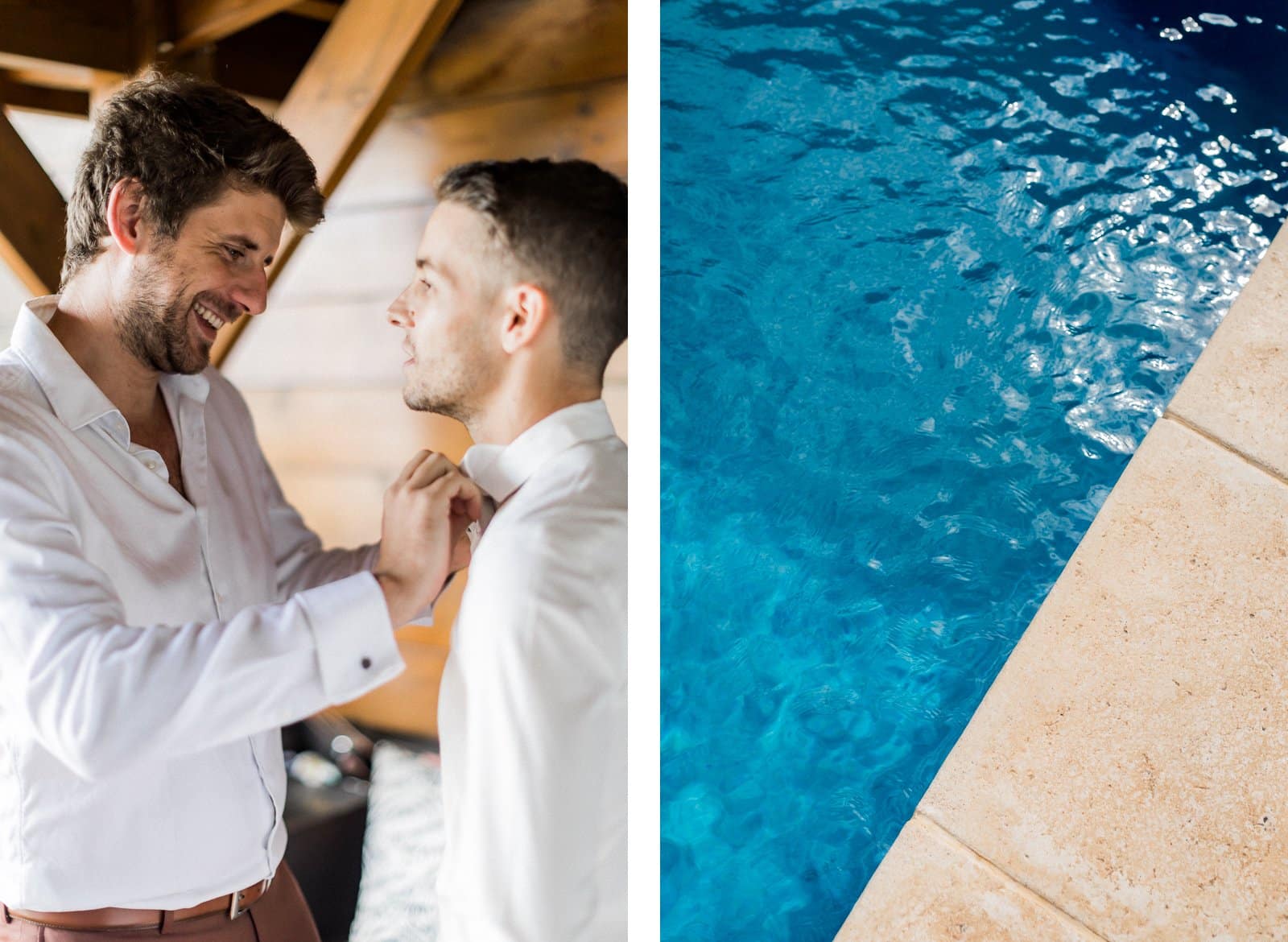 Photographie de Mathieu Dété, photographe de mariage et mode à Saint-Leu sur l'île de la Réunion 974, présentant des photos de l'habillage du marié par son témoin, à côté de la piscine