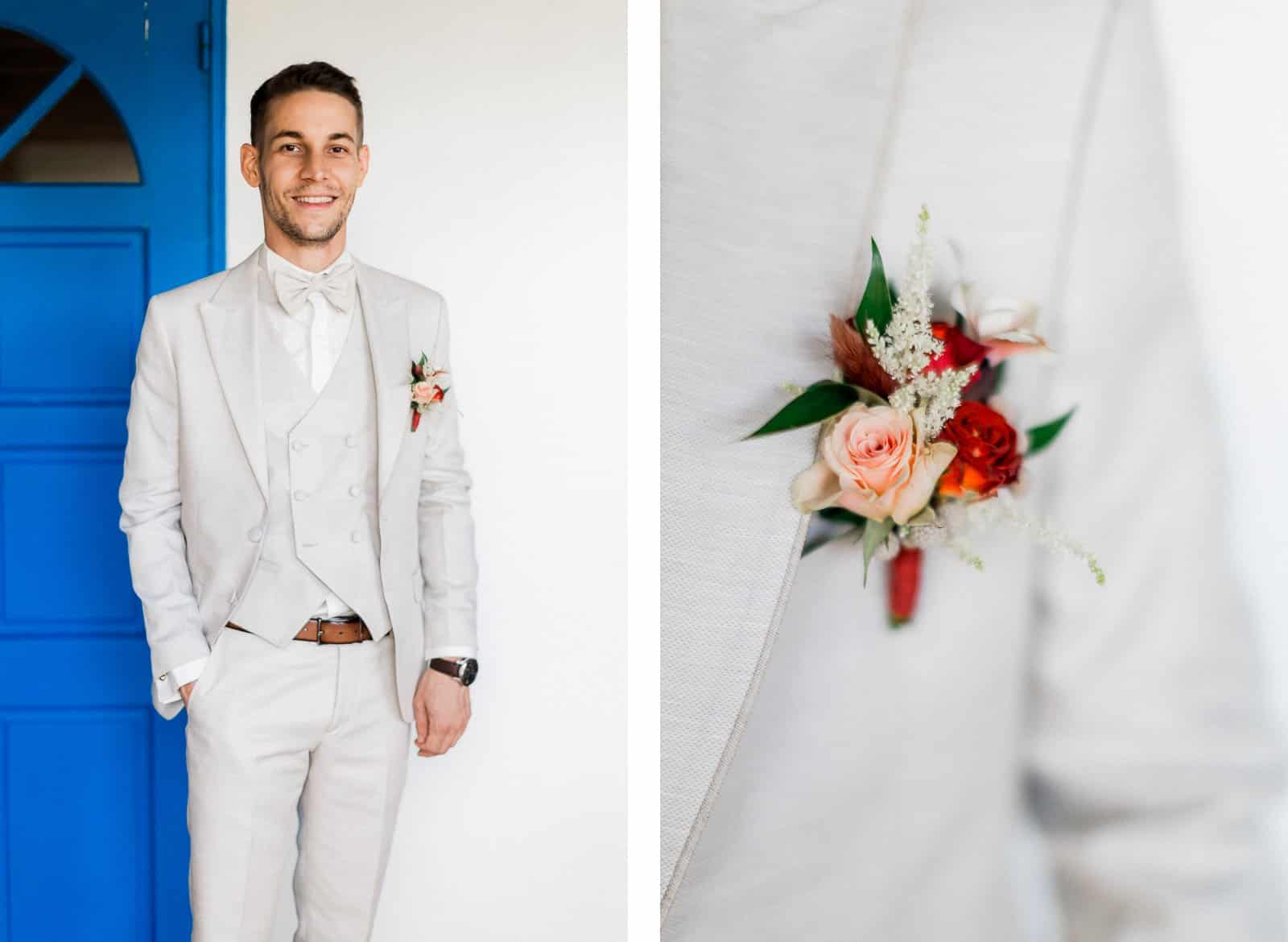 Photographie de Mathieu Dété, photographe de mariage et mode à Saint-Leu sur l'île de la Réunion 974, présentant un portrait du marié, à la Saline les Bains, et de sa boutonnière à fleurs