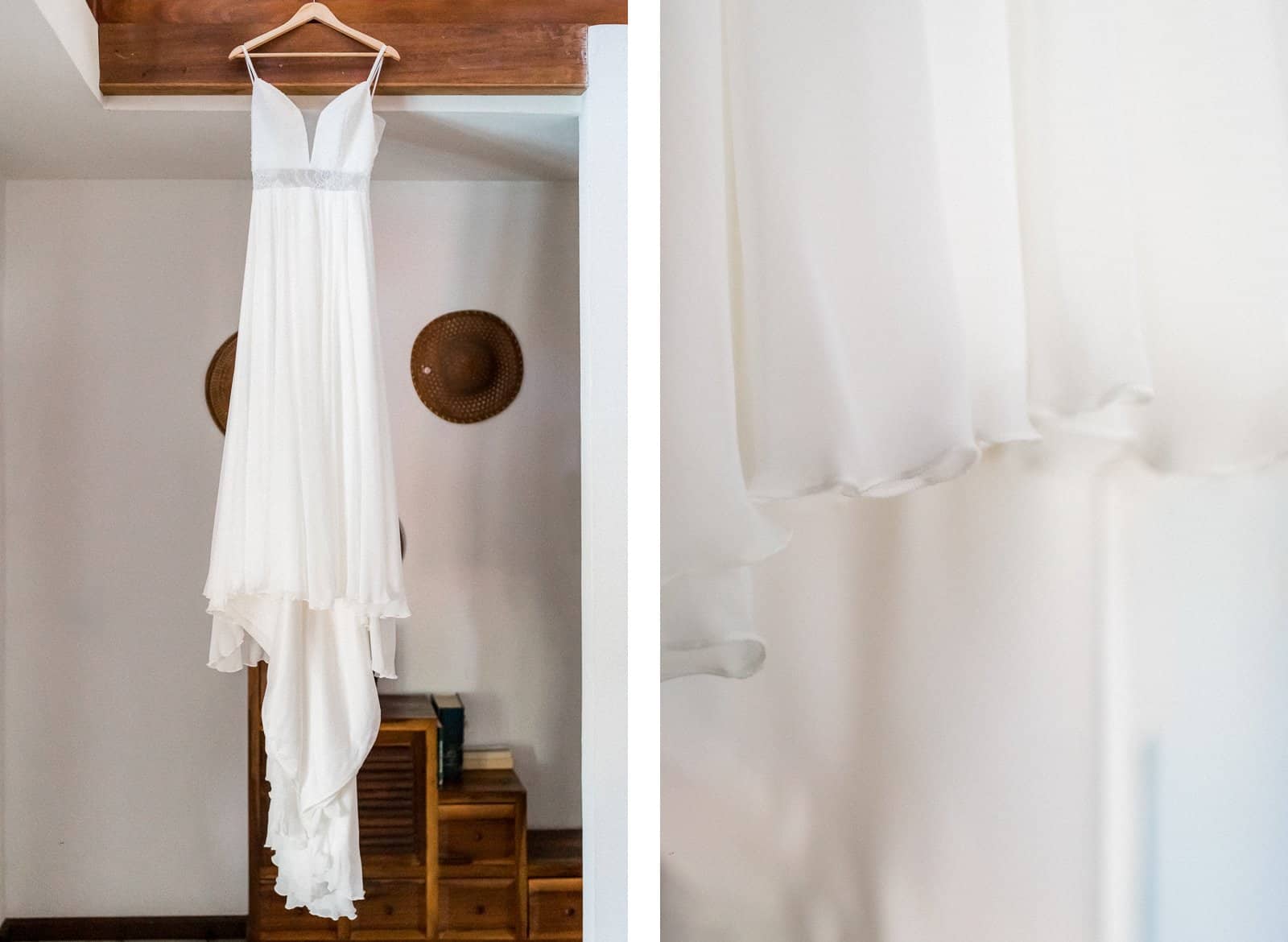 Photographie de Mathieu Dété, photographe de mariage et mode à Saint-Leu sur l'île de la Réunion 974, présentant la robe de mariée accrochée à un cintre, dans la maison de la mariée