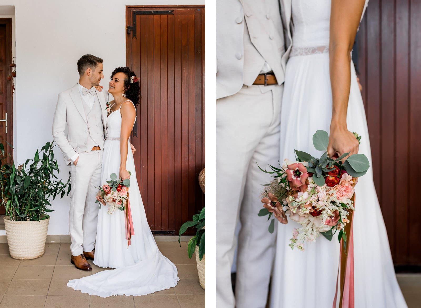 Photographie de Mathieu Dété, photographe de mariage et couple à Saint-Denis sur l'île de la Réunion 974, présentant des portraits des mariés à la fin des préparatifs, devant leur domicile à Saint-Gilles