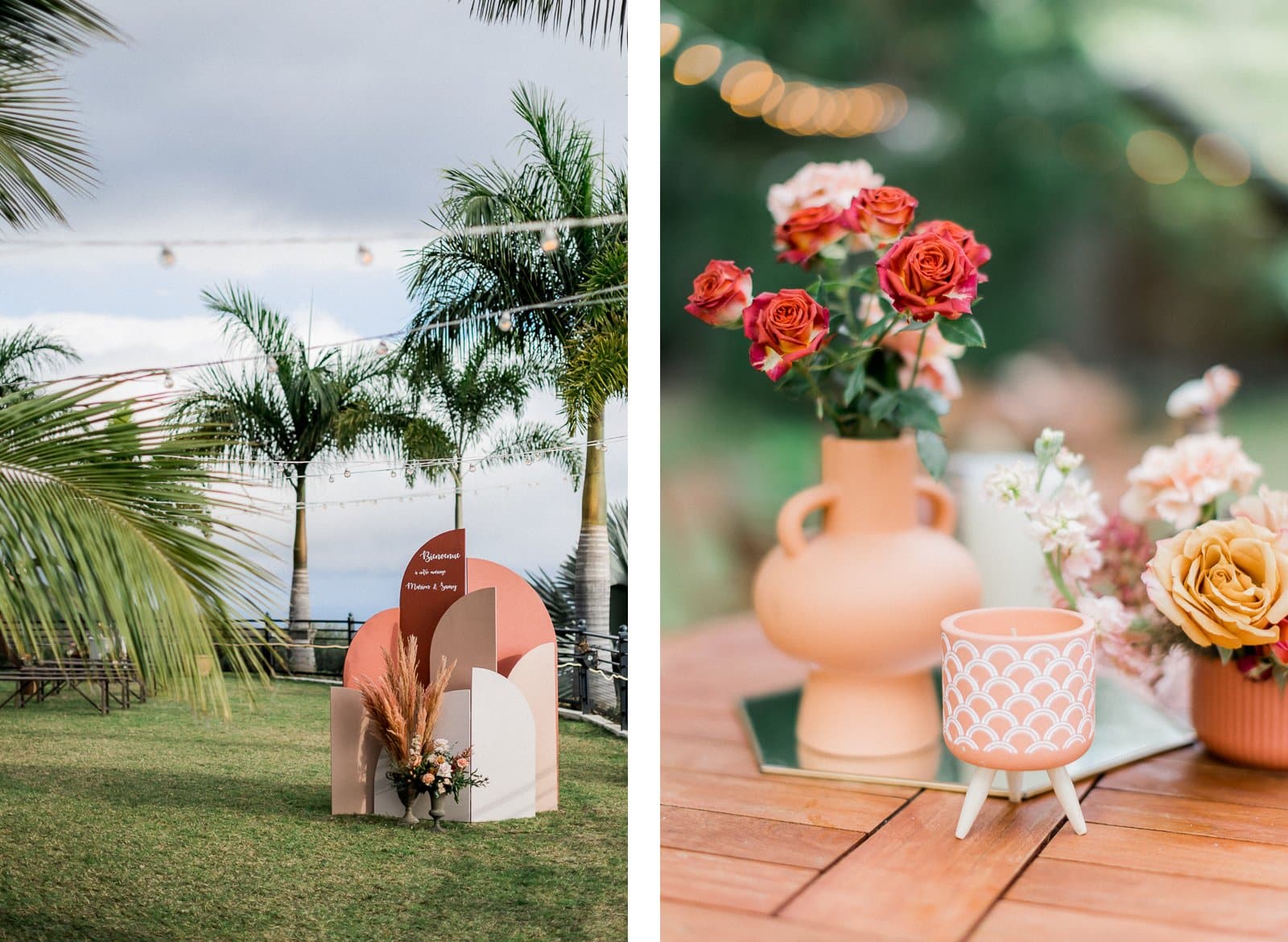 Photographie de Mathieu Dété, photographe de mariage et couple à Saint-Denis sur l'île de la Réunion 974, présentant la décoration de la cérémonie laïque d'un mariage au Jardin d'Ama, à Saint-Leu