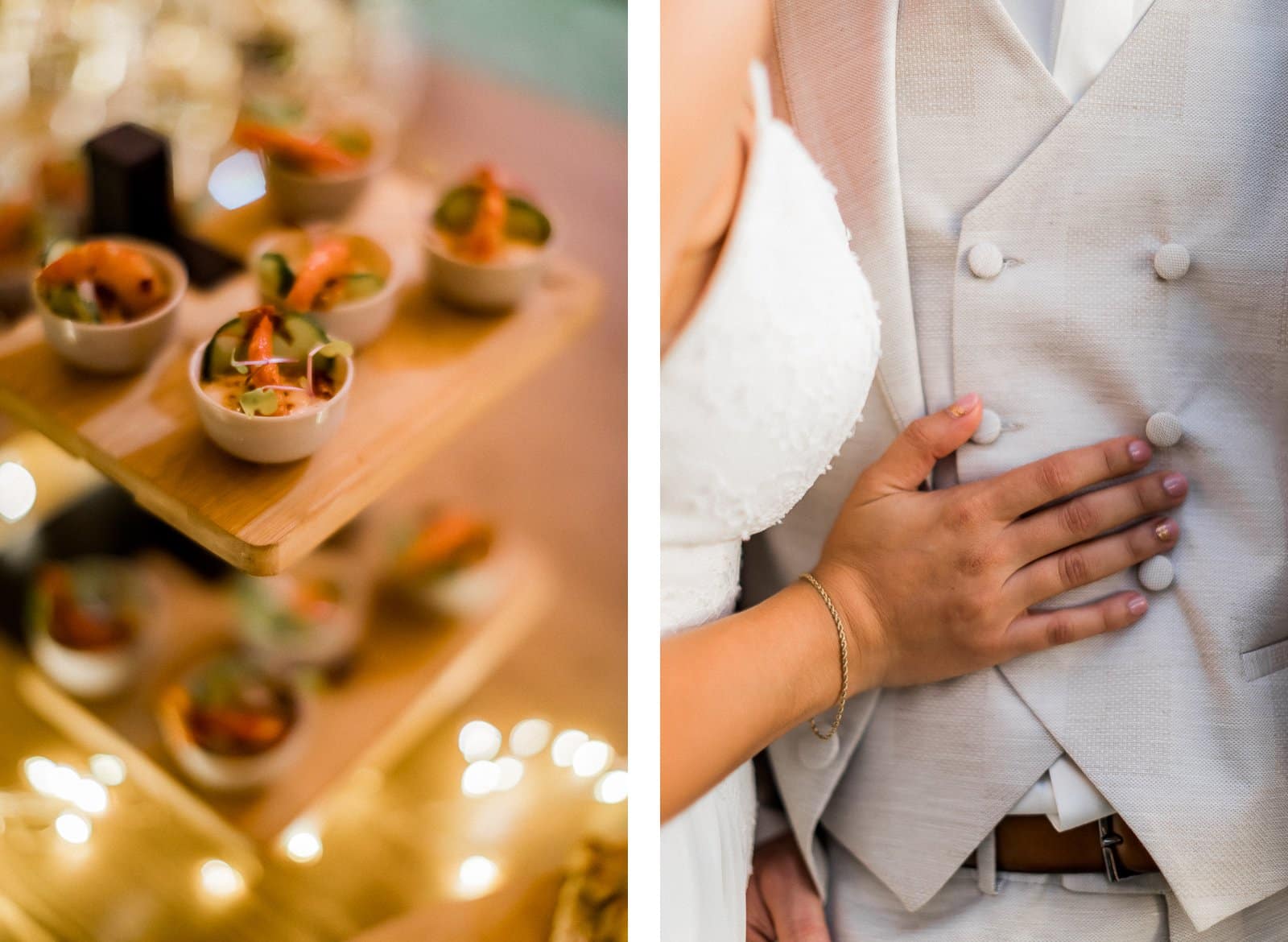 Photographie de Mathieu Dété, photographe de mariage et famille à Saint-Paul sur l'île de la Réunion 974, présentant les détails d'un mariage, avec la main de la mariée, et les amuses-bouches du cocktail