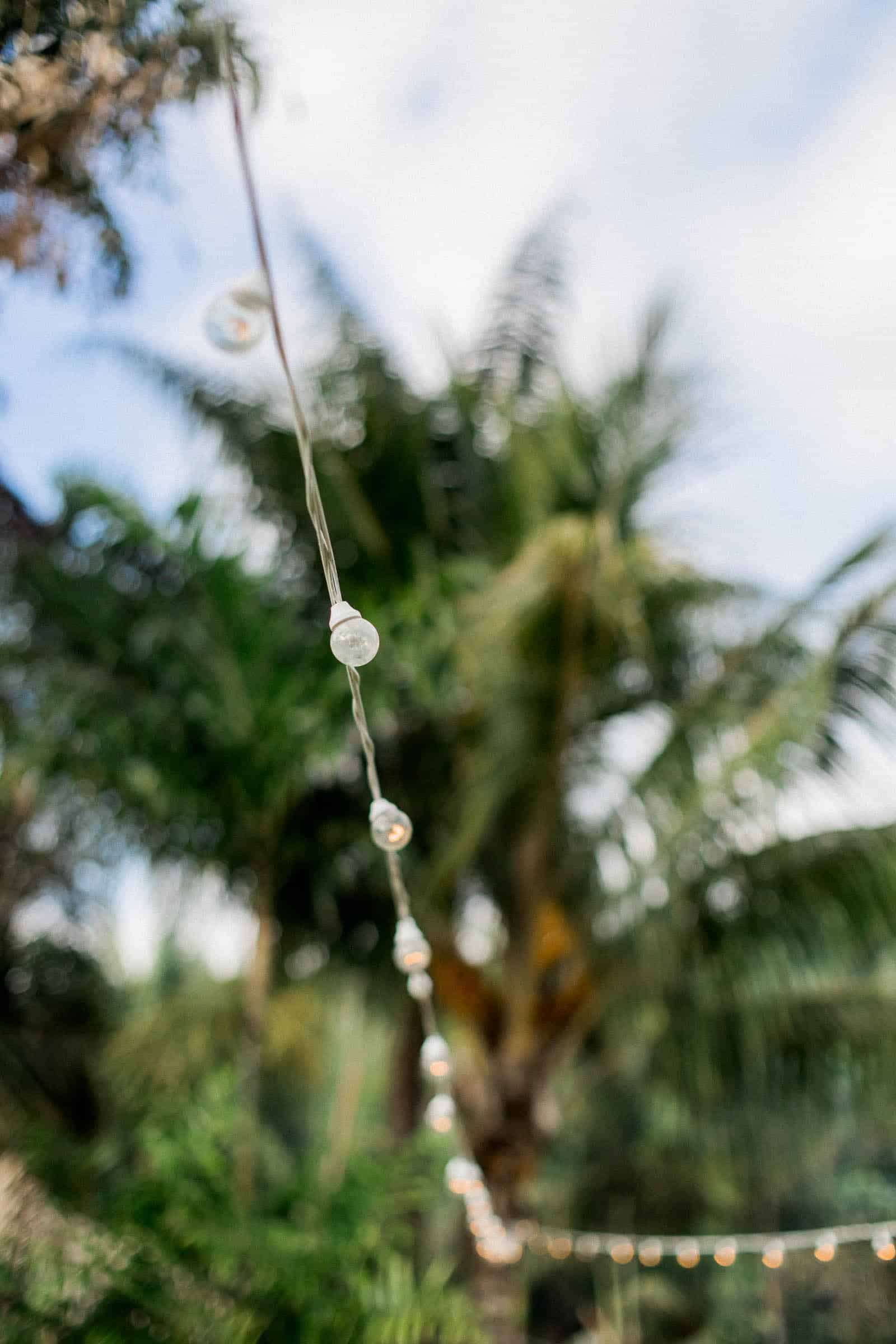 Photographie de Mathieu Dété, photographe de mariage et famille à Saint-Paul sur l'île de la Réunion 974, présentant les détails des guirlandes du Jardin d'Ama, lieu de réception de mariage