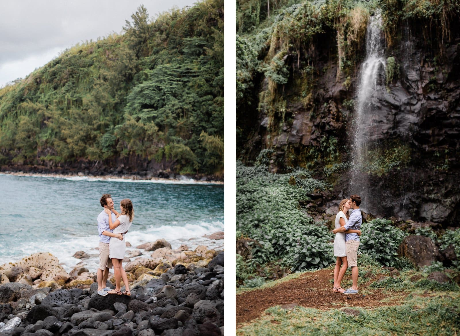 Photographie de Mathieu Dété présentant un couple enlacé en bord de mer de la Réunion et sous les cascades de l'Anse des Cascades