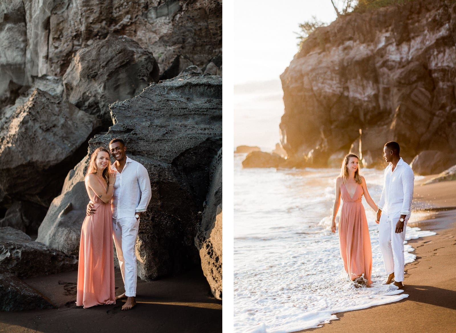 Photographie de Mathieu Dété présentant un couple amoureux en bord de mer, sur une plage de sable noir