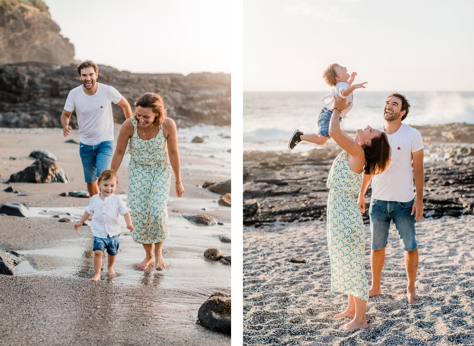 Les plus beaux lieux pour des séances photo à la Réunion 974, photo représentant une famille avec un bébé sur la plage du Cap La Houssaye