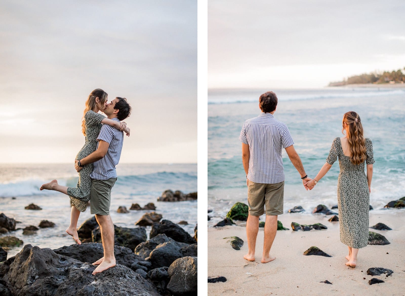 Photographie de Mathieu Dété présentant un couple enlacé sur les roches de la Pointes des 3 Bassins sur la cote Ouest de la Réunion