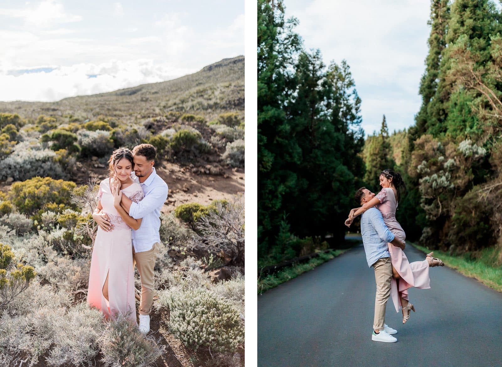 Photographie de Mathieu Dété présentant des jeunes mariés sur la route de la forêt du volcan, et sur la Plaine des Remparts, sur l'île de la Réunion