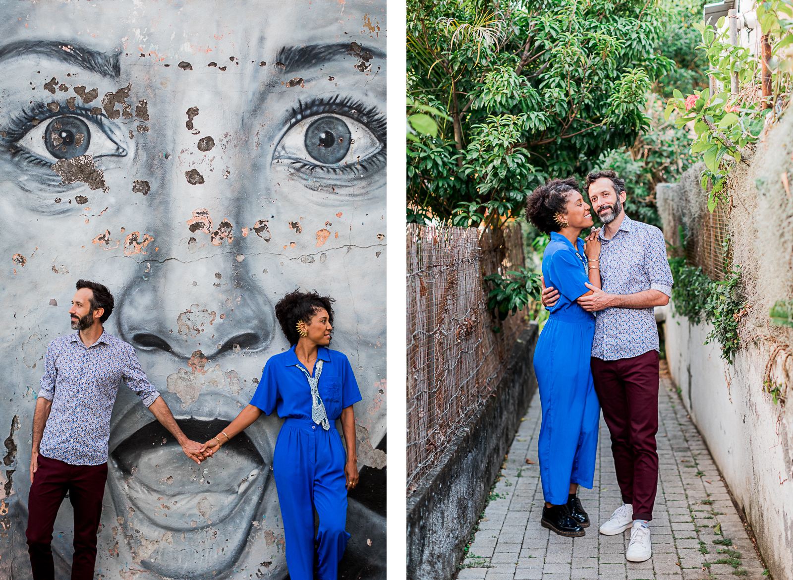Photographie de Mathieu Dété présentant un couple amoureux dans les ruelles de Terre Sainte, un quartier de Saint-Pierre sur l'île de la Réunion