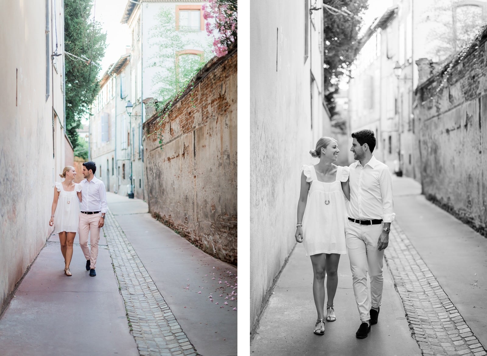 Photographie de Mathieu Dété, photographe de couple et famille à Saint-Pierre de la Réunion (974), présentant un couple se baladant dans les ruelles du centre de Toulouse