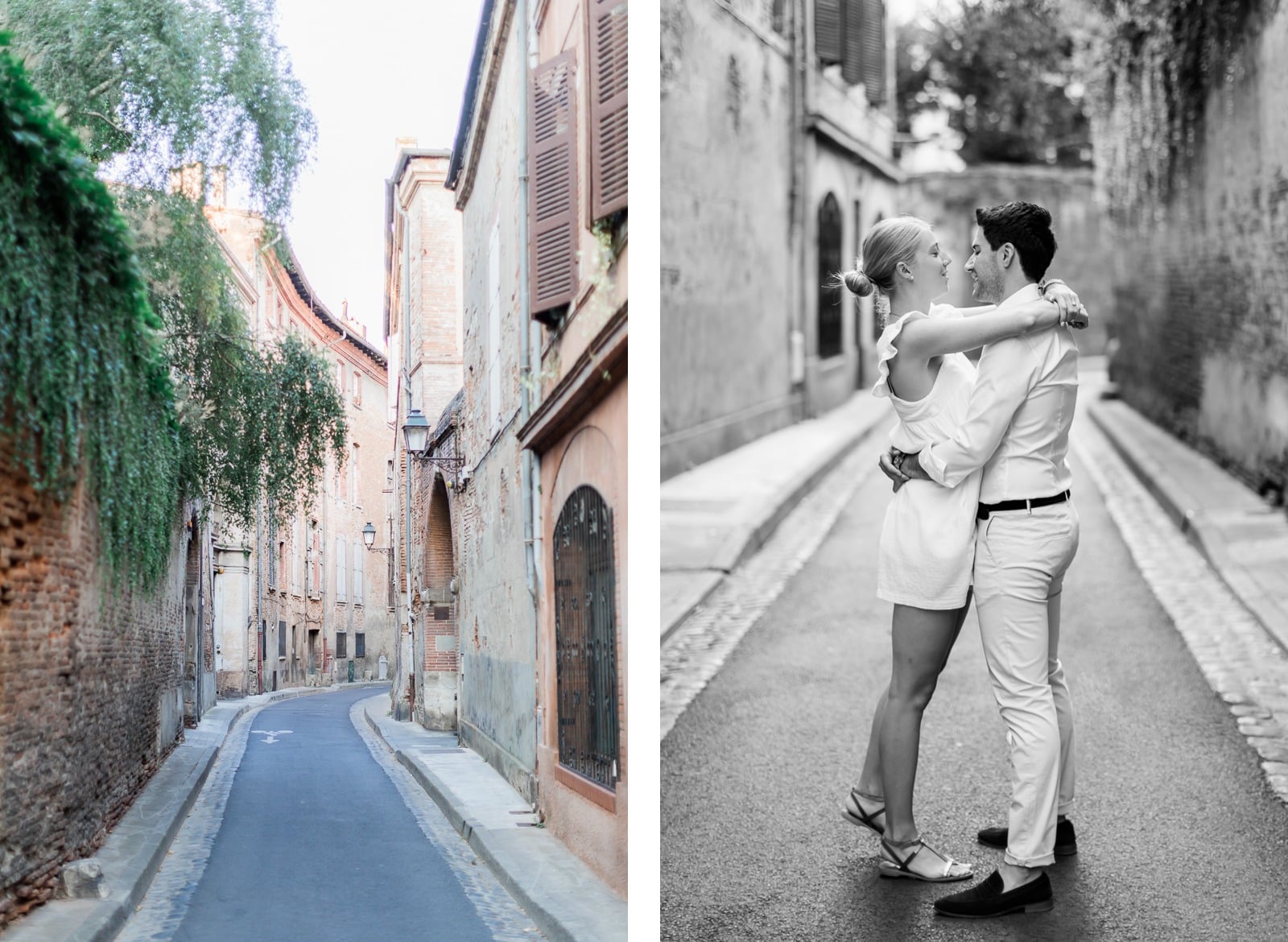 Photographie de Mathieu Dété, photographe de couple et famille à Saint-Pierre de la Réunion (974), présentant un couple au milieu d'une ruelle de Toulouse