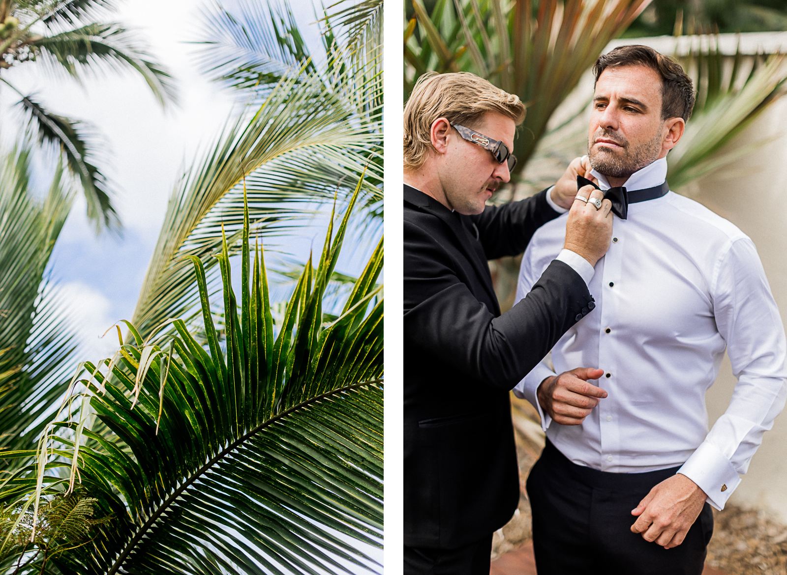 Photographie de Mathieu Dété, photographe de mariage à Saint-Denis sur l'île de la Réunion 974, présentant l'habillage du marié par son témoin, dans le jardin d'une villa, sous les palmiers