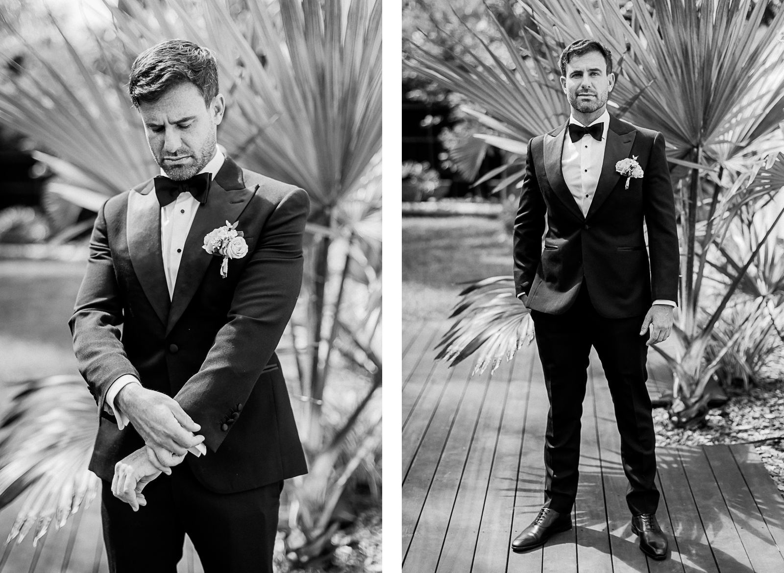 Photographie en noir et blanc de Mathieu Dété, photographe de mariage à Saint-Denis sur l'île de la Réunion 974, présentant des portraits du marié après son habillage