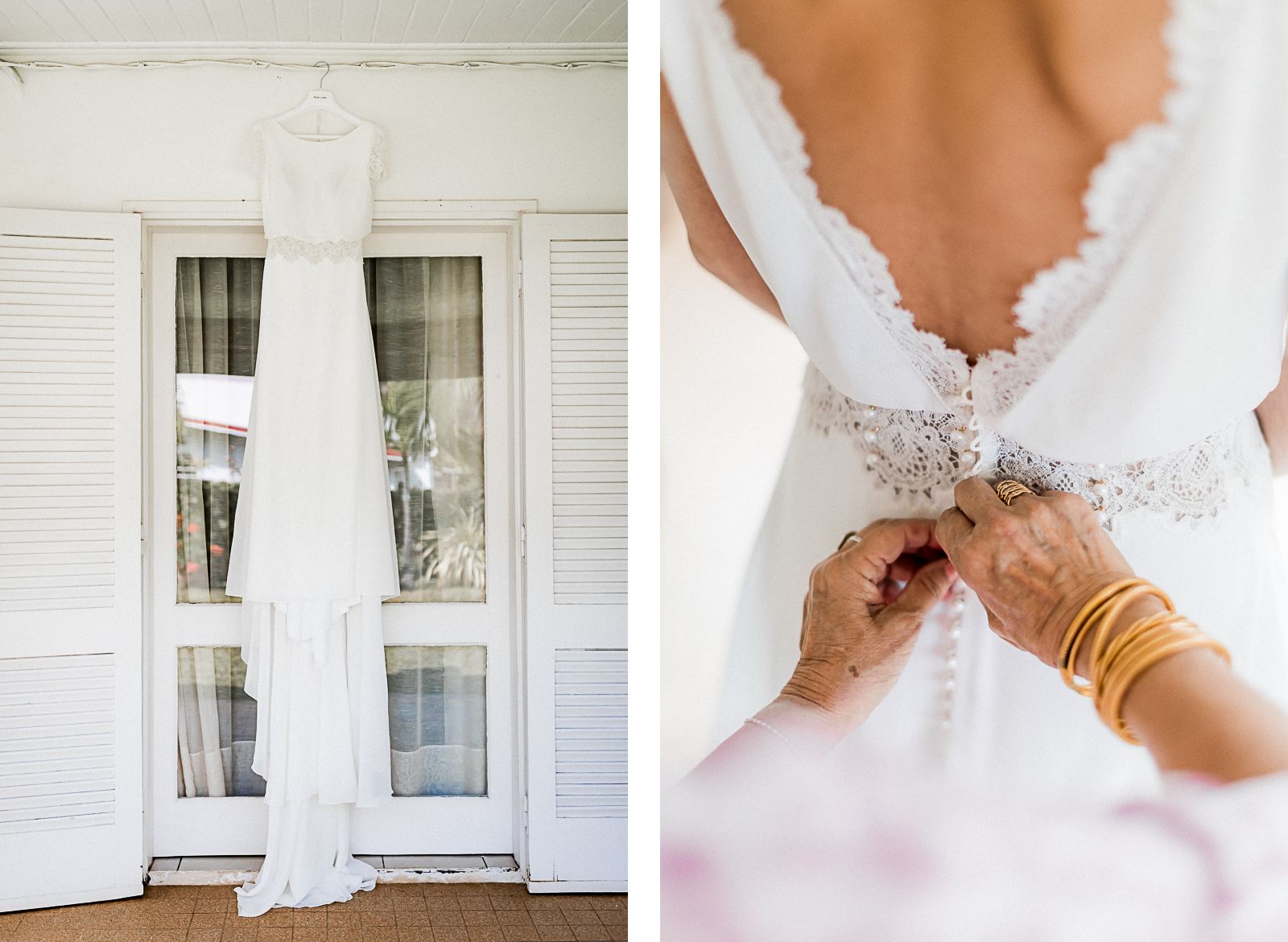 Photographie de Mathieu Dété, photographe de mariage à Saint-Denis sur l'île de la Réunion 974, présentant les détails de la robe et des mains de la maman de la mariée lors de l'habillage de la mariée