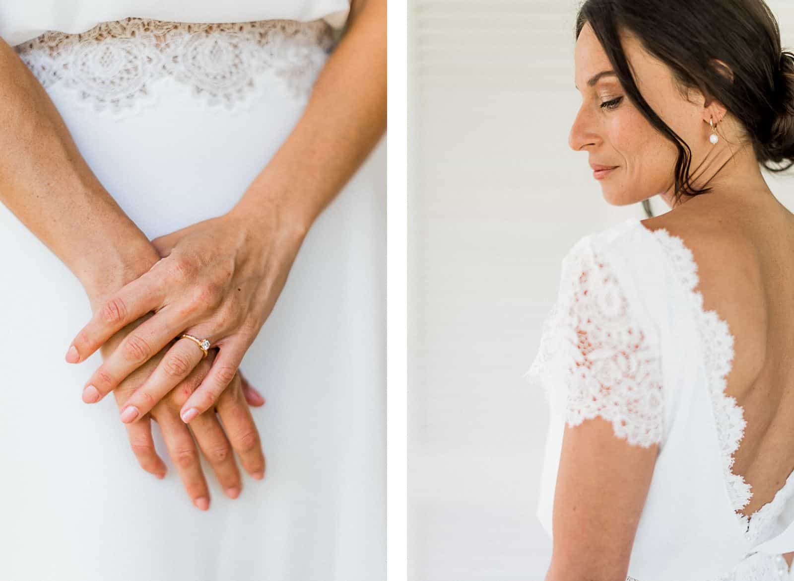 Photographie de Mathieu Dété, photographe de mariage à Saint-Denis sur l'île de la Réunion 974, présentant les détails de l'épaule et des mains de la mariée lors des préparatifs du mariage