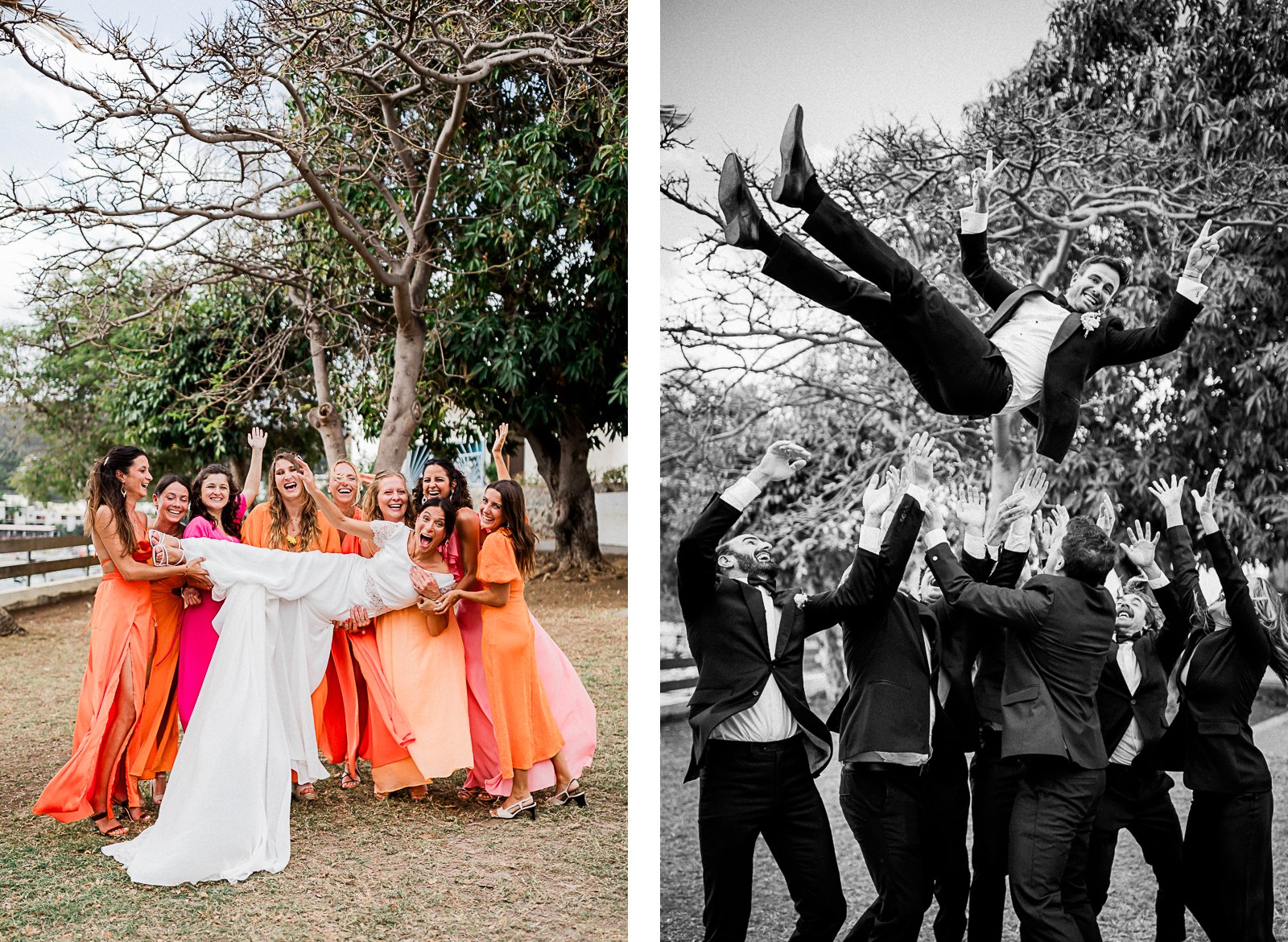 Photographie de Mathieu Dété, photographe de mariage à Saint-Denis sur l'île de la Réunion 974, présentant des photos de groupes du mariage sur lesquelles les mariés sont portés par leurs invités