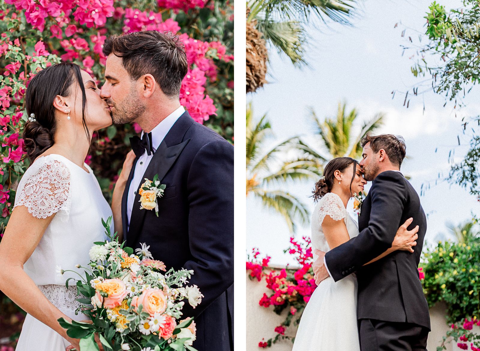 Photographie de Mathieu Dété, photographe de mariage à Saint-Denis sur l'île de la Réunion 974, présentant un couple de mariés qui s'embrasse devant des bougainvilliers fushia