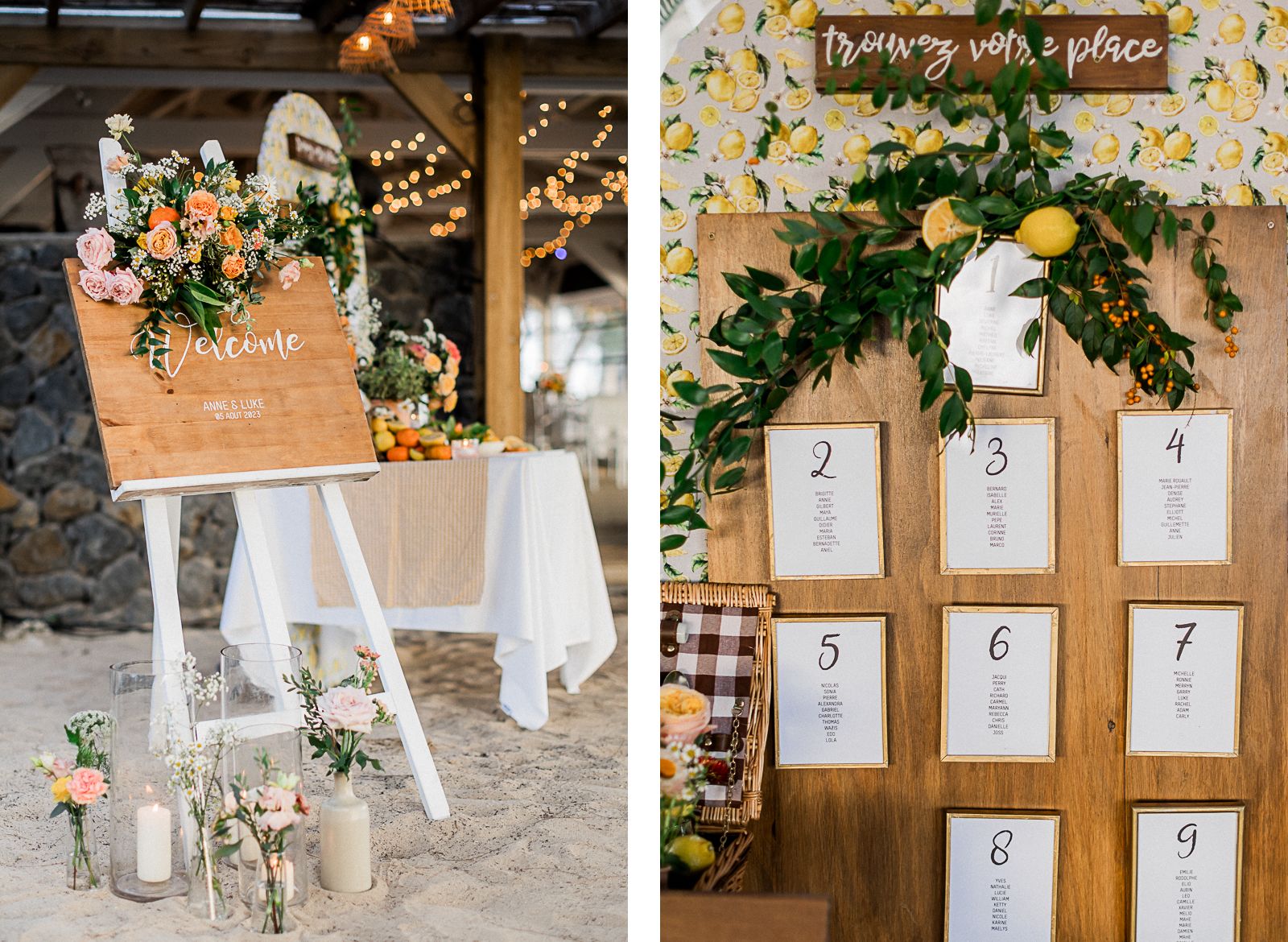 Photographie de Mathieu Dété, photographe de mariage à Saint-Denis sur l'île de la Réunion 974, présentant la décoration de l'entrée et le plan de table du mariage au restaurant "La Plage" de l'hôtel le LUX* Saint-Gilles