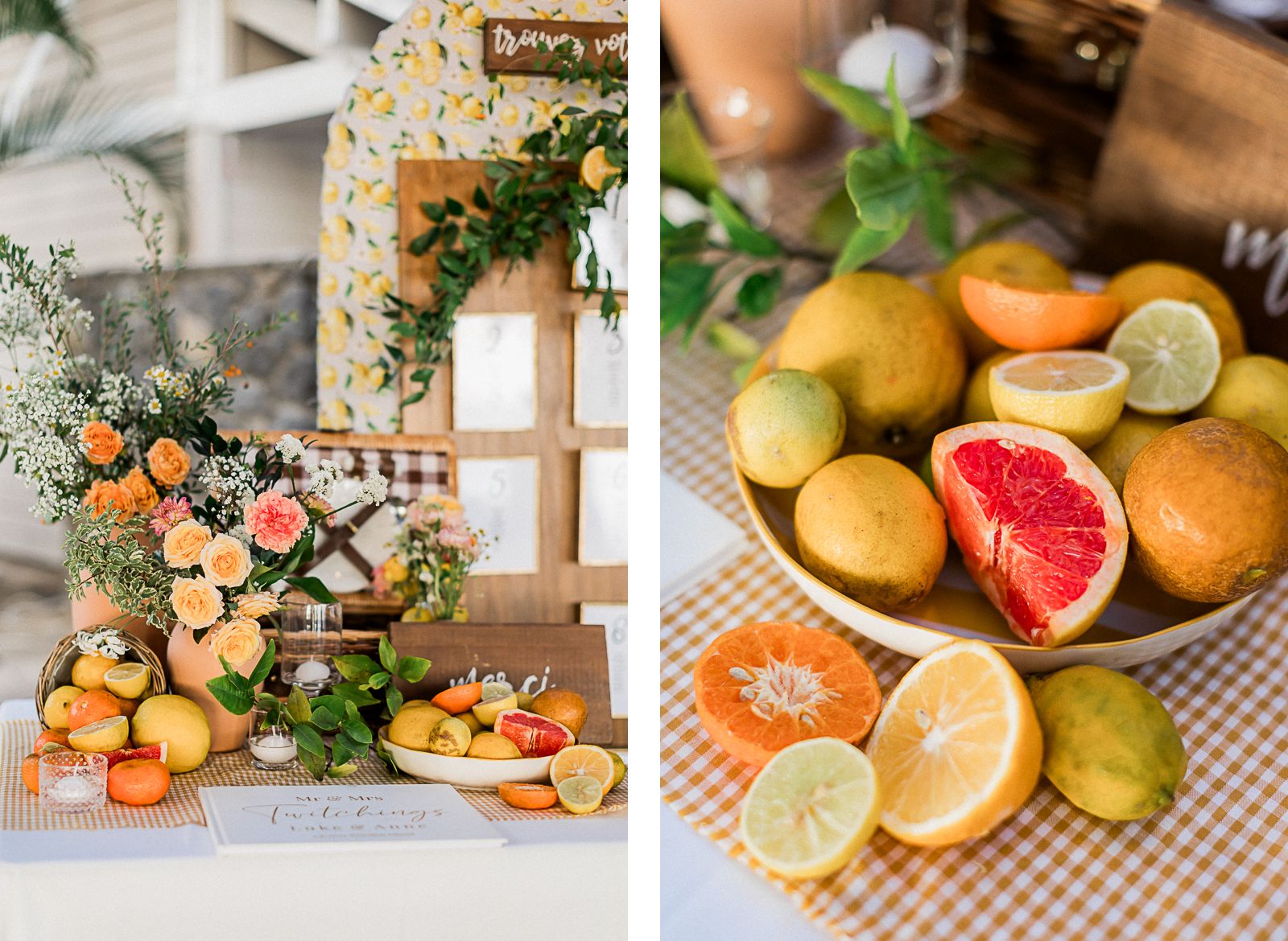 Photographie de Mathieu Dété, photographe de mariage à Saint-Paul sur l'île de la Réunion 974, présentant la décoration acidulée, avec des citrons et des oranges, du mariage dans la salle du restaurant "La Plage" du LUX* Saint-Gilles