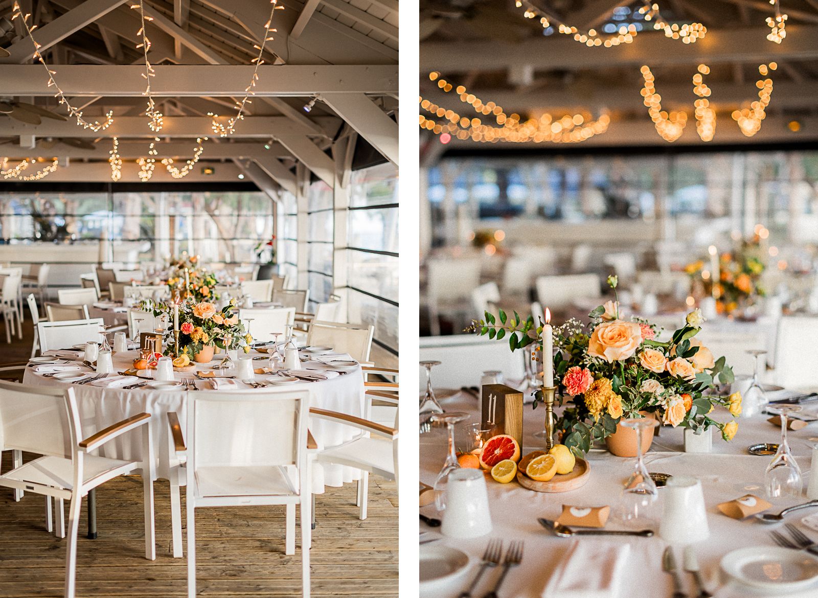 Photographie de Mathieu Dété, photographe de mariage à Saint-Paul sur l'île de la Réunion 974, présentant la décoration globale du mariage dans la salle du restaurant "La Plage" du LUX* Saint-Gilles