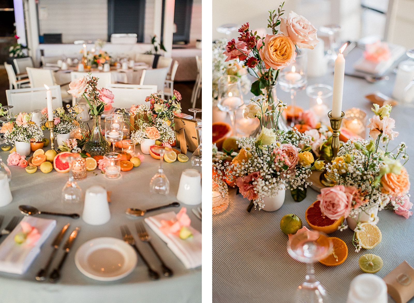 Photographie de Mathieu Dété, photographe de mariage à Saint-Paul sur l'île de la Réunion 974, présentant la décoration acidulée, avec des citrons et des oranges, du mariage dans la salle du restaurant "La Plage" du LUX* Saint-Gilles