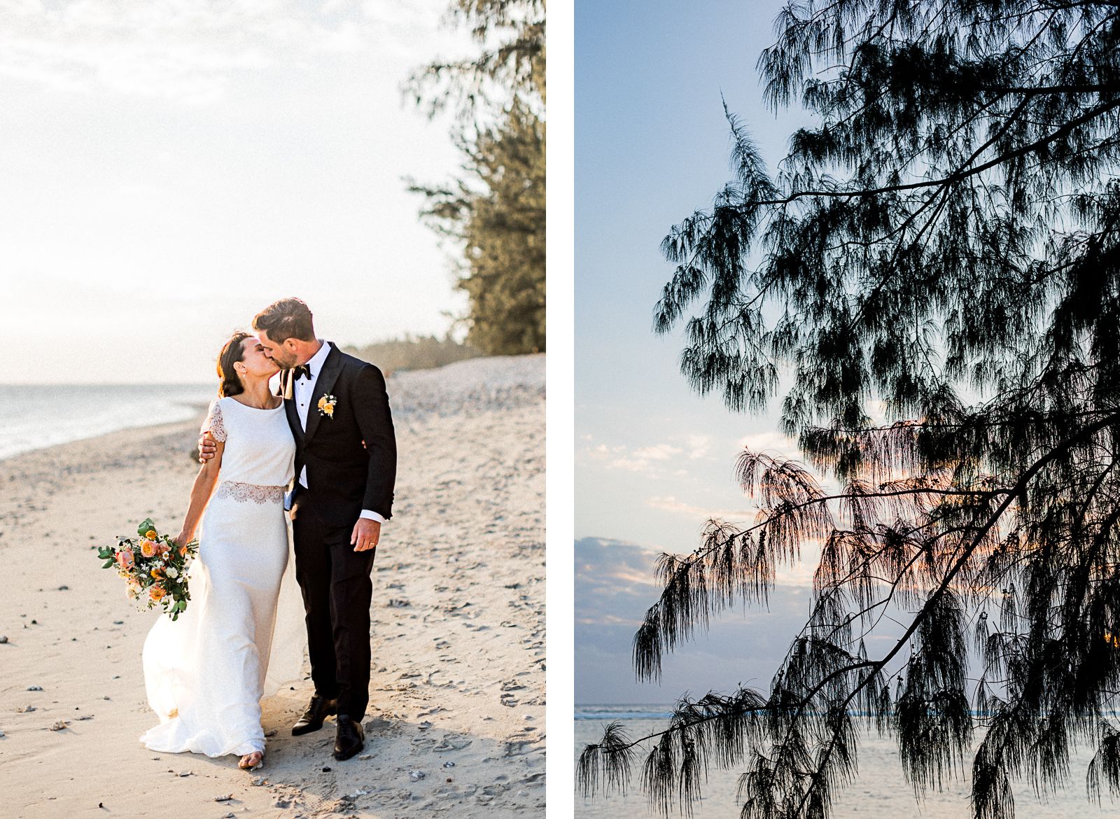 Photographie de Mathieu Dété, photographe de mariage à Saint-Paul sur l'île de la Réunion 974, présentant un couple qui marche sur la plage lors d'un mariage au LUX* Saint-Gilles, au coucher du soleil