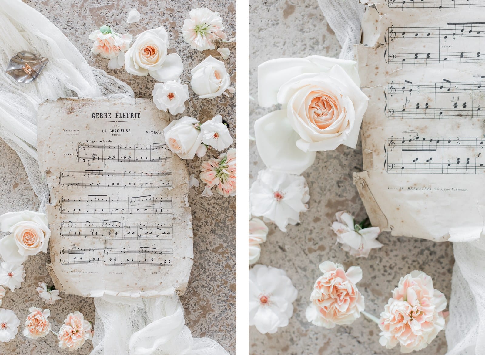 Photographie de Mathieu Dété présentant un flat lay d'une partition de musique fleurie