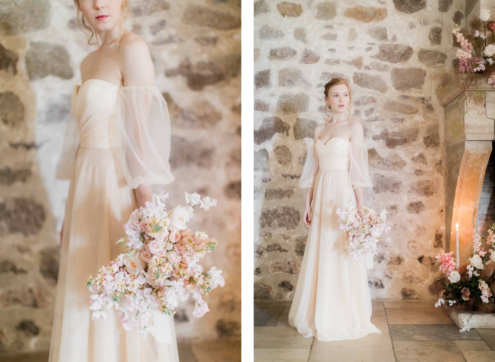 Photographie de Mathieu Dété présentant un portrait de la mariée à côté de la cheminée à l'intérieur du Château Saint Julien d'Aille à Vidauban