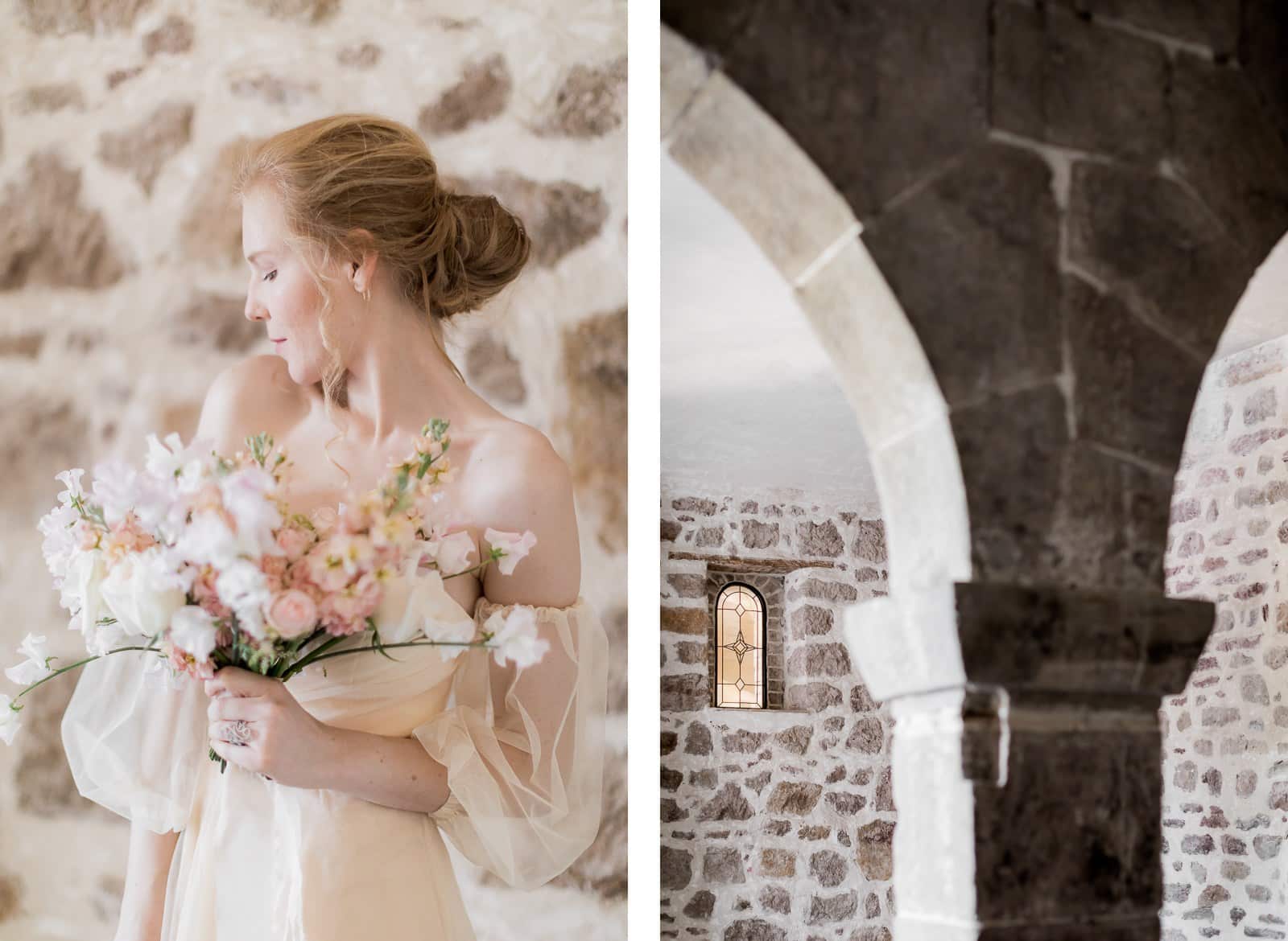 Photographie de Mathieu Dété présentant un portrait de la mariée et les arches à l'intérieur du Château Saint Julien d'Aille à Vidauban