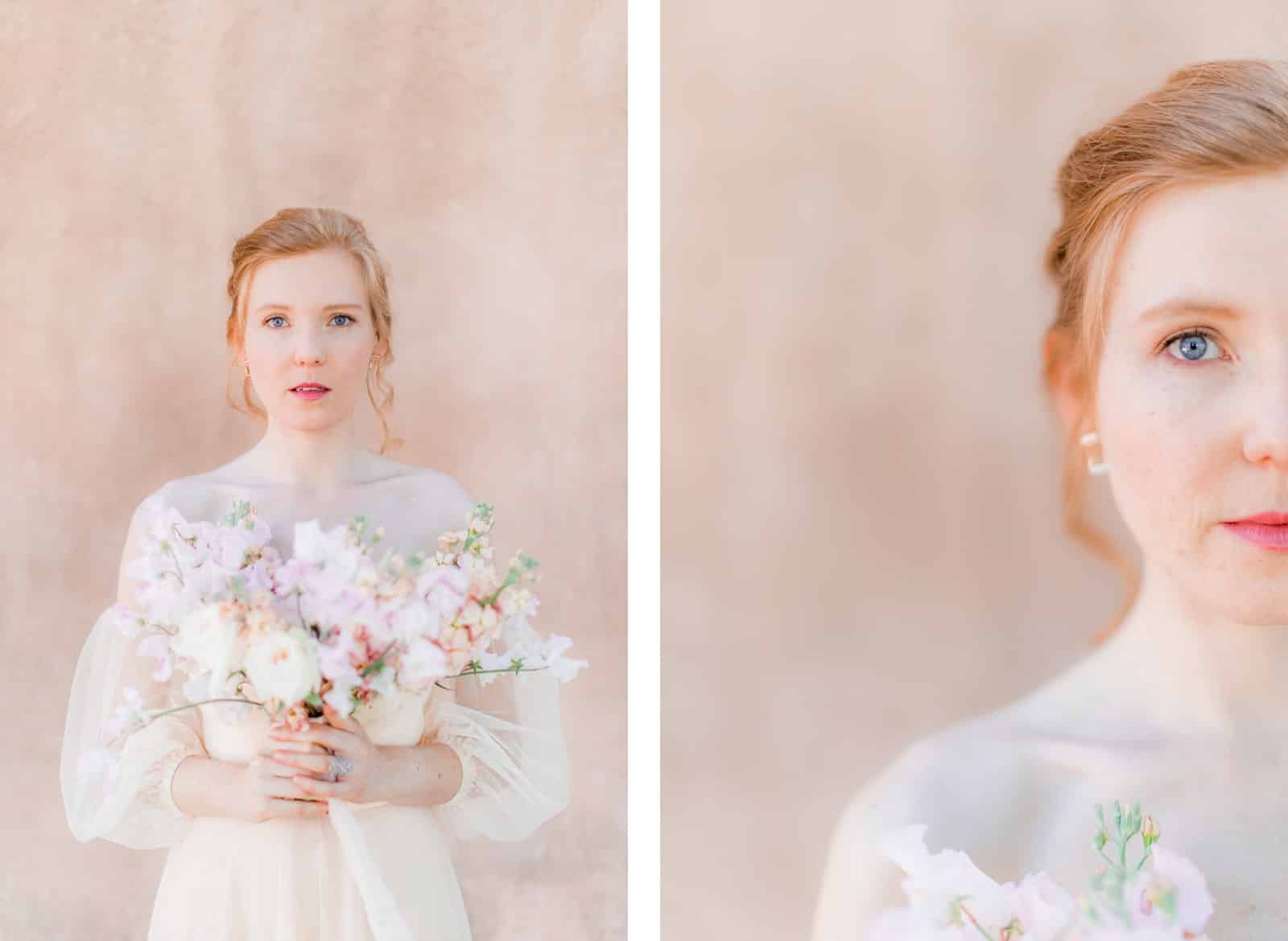 Photographie de Mathieu Dété présentant un portrait de la mariée contre les murs roses du Château Saint Julien d'Aille à Vidauban