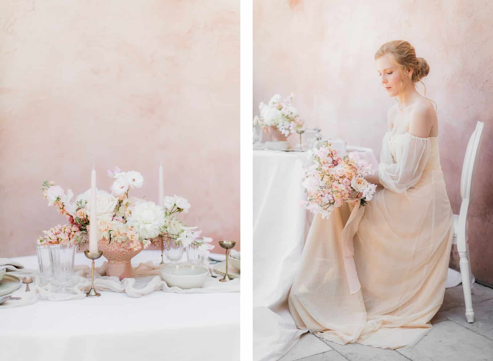 Photographie de Mathieu Dété présentant la mariée assise à la table fleurie du Château Saint Julien d'Aille à Vidauban