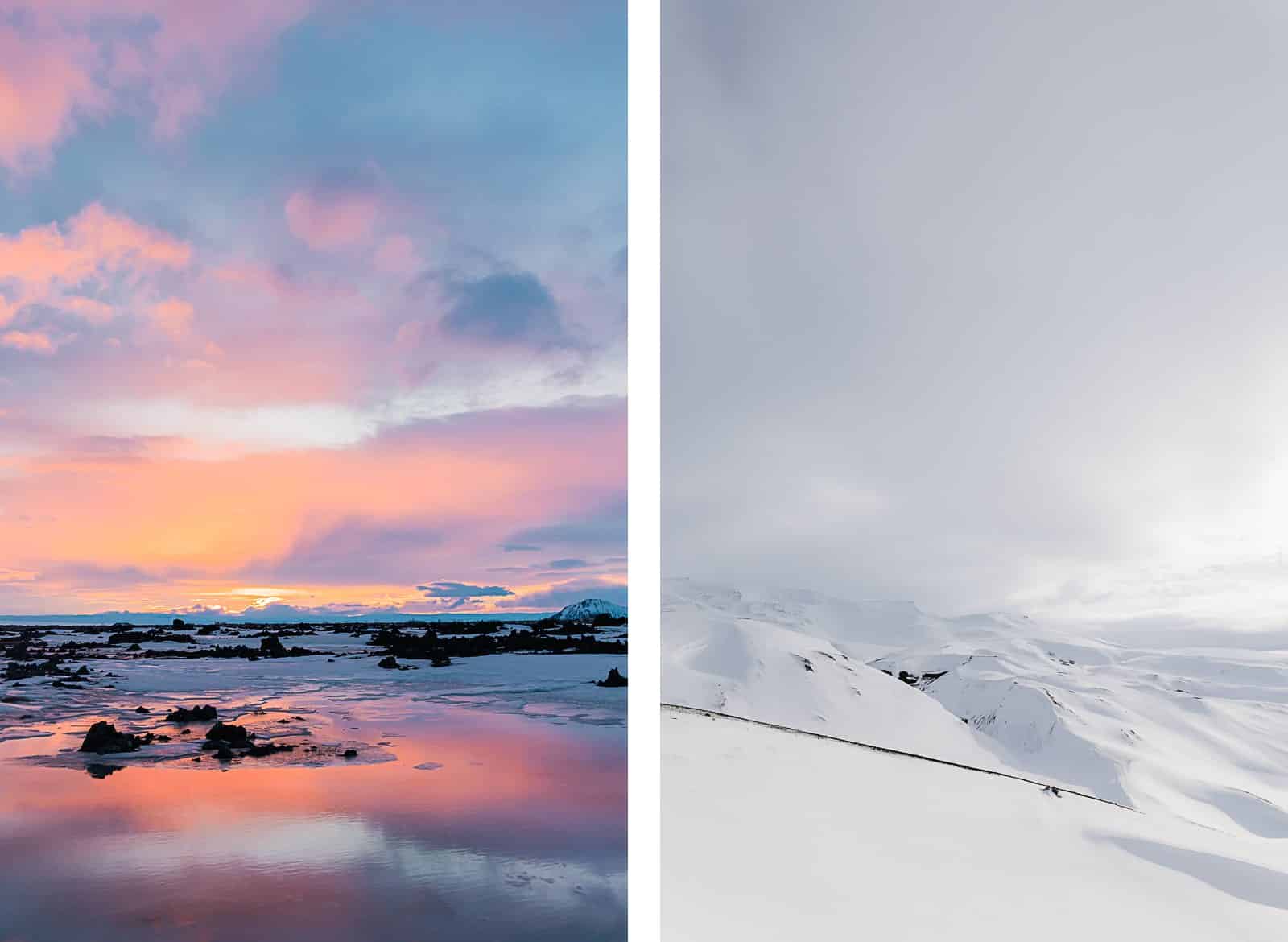 Photographie de Mathieu Dété, photographe de mariage et de voyage à la Réunion, présentant un crépuscule coloré et une montagne enneigée, lors d'un voyage en Islande