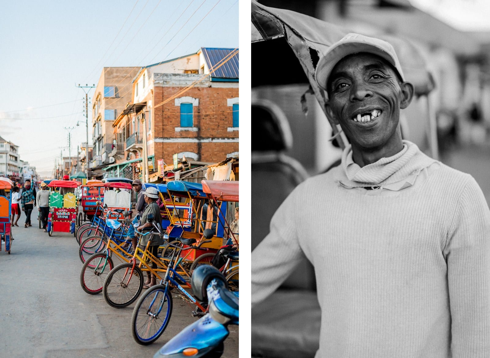 Photographie de Mathieu Dété, photographe de mariage et de voyage à la Réunion 974, présentant des photos de rue malgache avec des tuk-tuk et d'un portrait de femme