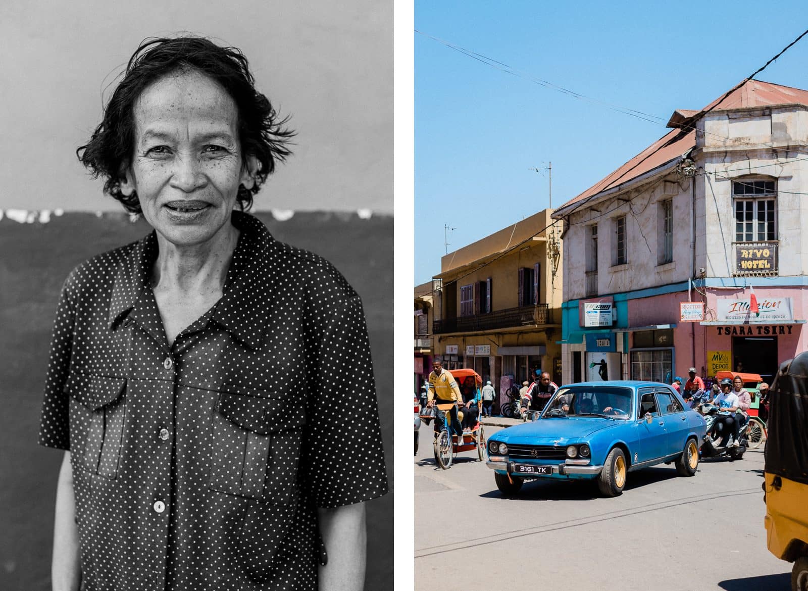 Photographie de Mathieu Dété, photographe de mariage et de voyage à la Réunion 974, présentant des photos de rue malgache et d'un portrait de femme