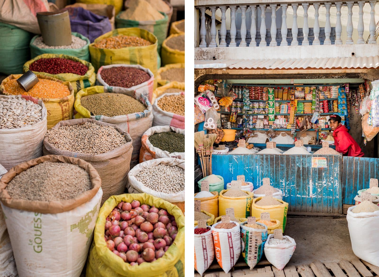 Photographie de Mathieu Dété, photographe de mariage et de voyage à la Réunion 974, présentant des photos d'un marché à Madagascar, avec un vendeur d'épices