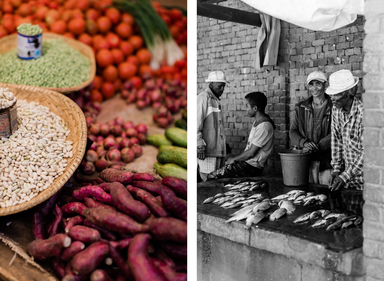 Photographie de Mathieu Dété, photographe de mariage et de voyage à la Réunion 974, présentant des photos d'un marché à Madagascar, avec des vendeurs de poisson