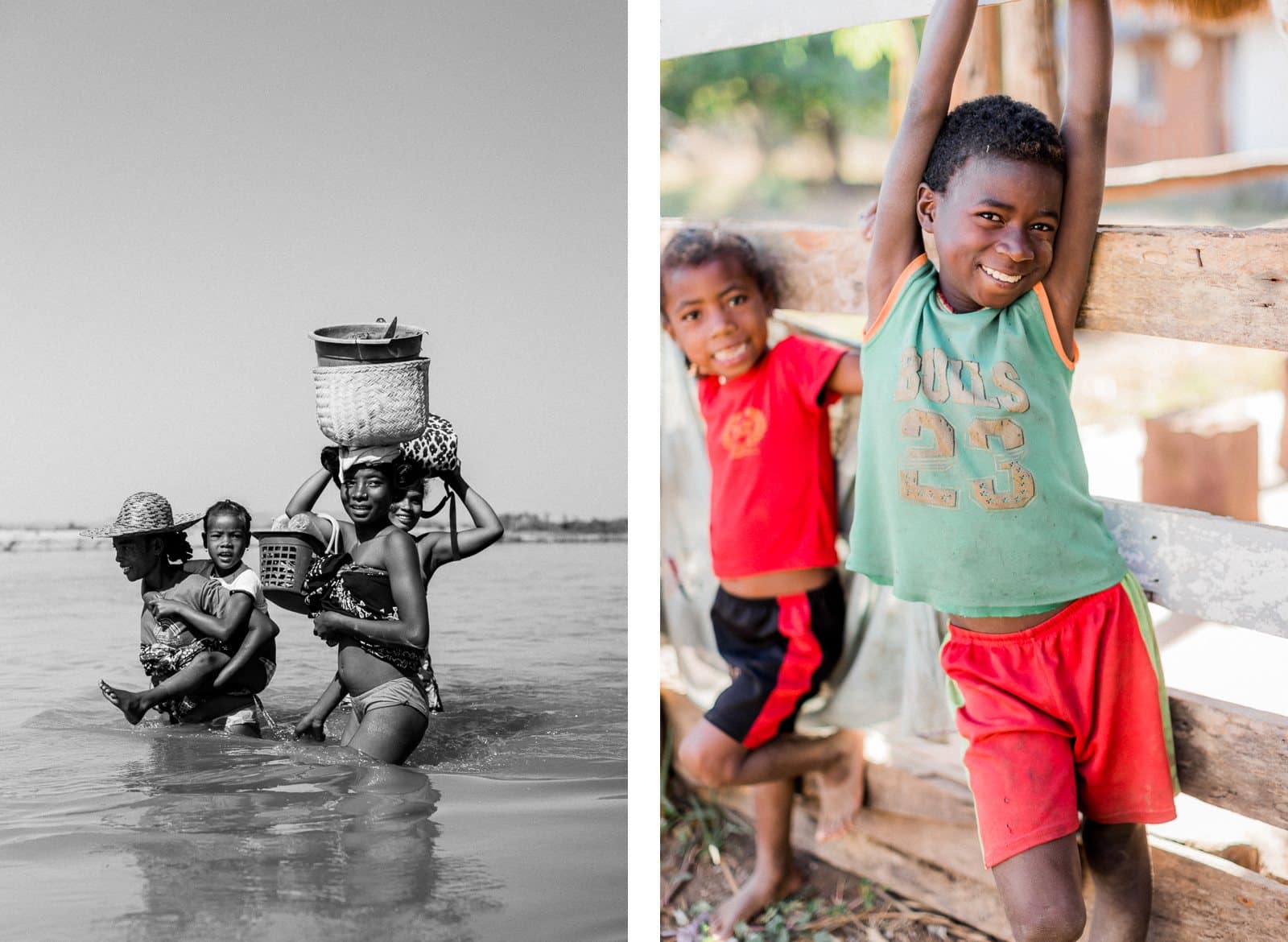 Photographie de Mathieu Dété, photographe de mariage et de voyage à la Réunion 974, présentant des photos de voyage à Madagascar, avec des enfants malgaches sur le fleuve de la Tsiribihina