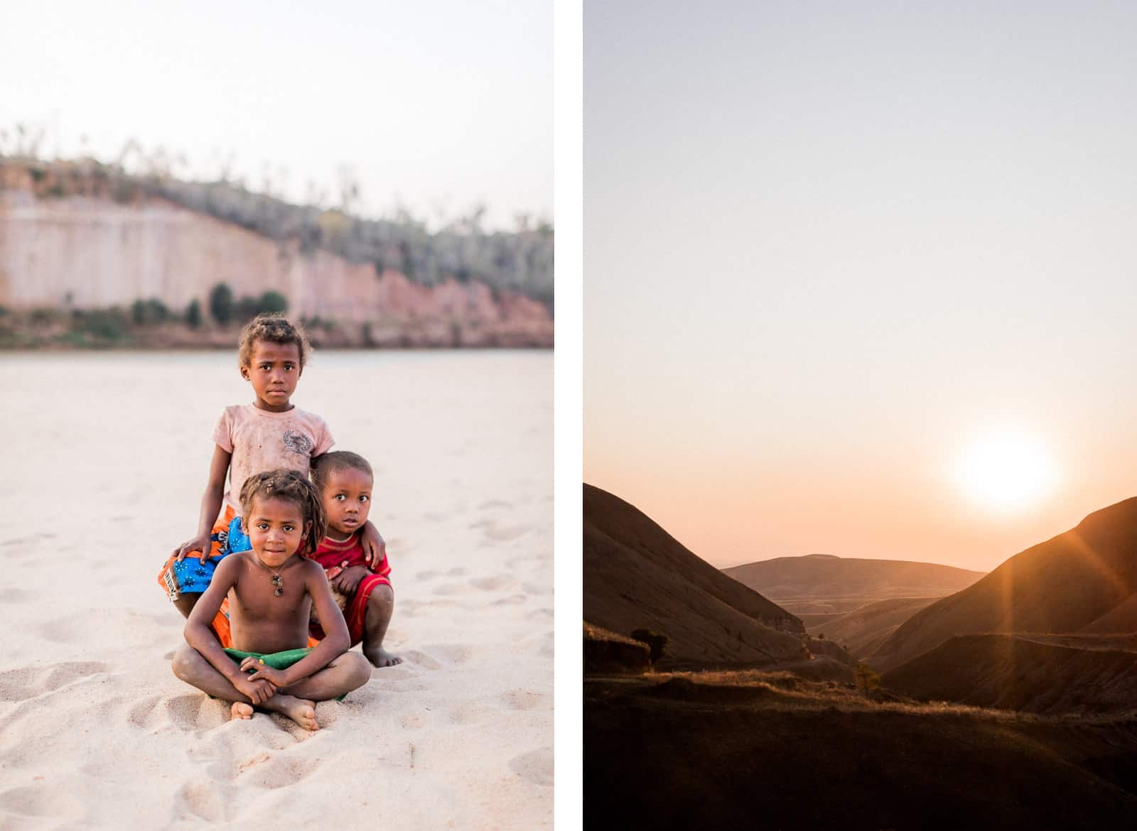 Photographie de Mathieu Dété, photographe de mariage et de voyage à la Réunion 974, présentant des photos de voyage à Madagascar, au coucher de soleil, avec des enfants malgaches sur la plage