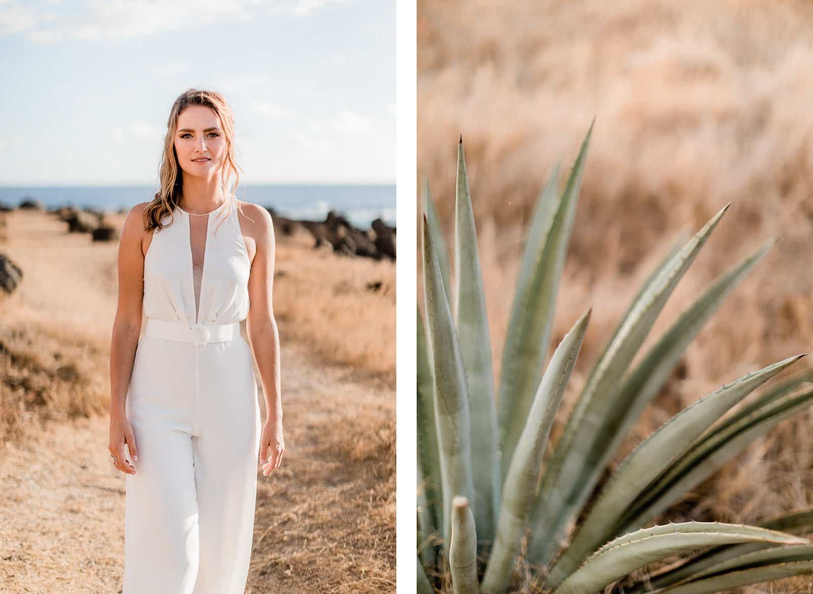 Photographie de Mathieu Dété, photographe de mariage, de mode et de couple à Saint-Leu sur l'île de la Réunion 974, présentant Emma, en robe de mariée de la marque Maison Mananne, marchant dans la savane de la Pointe au Sel