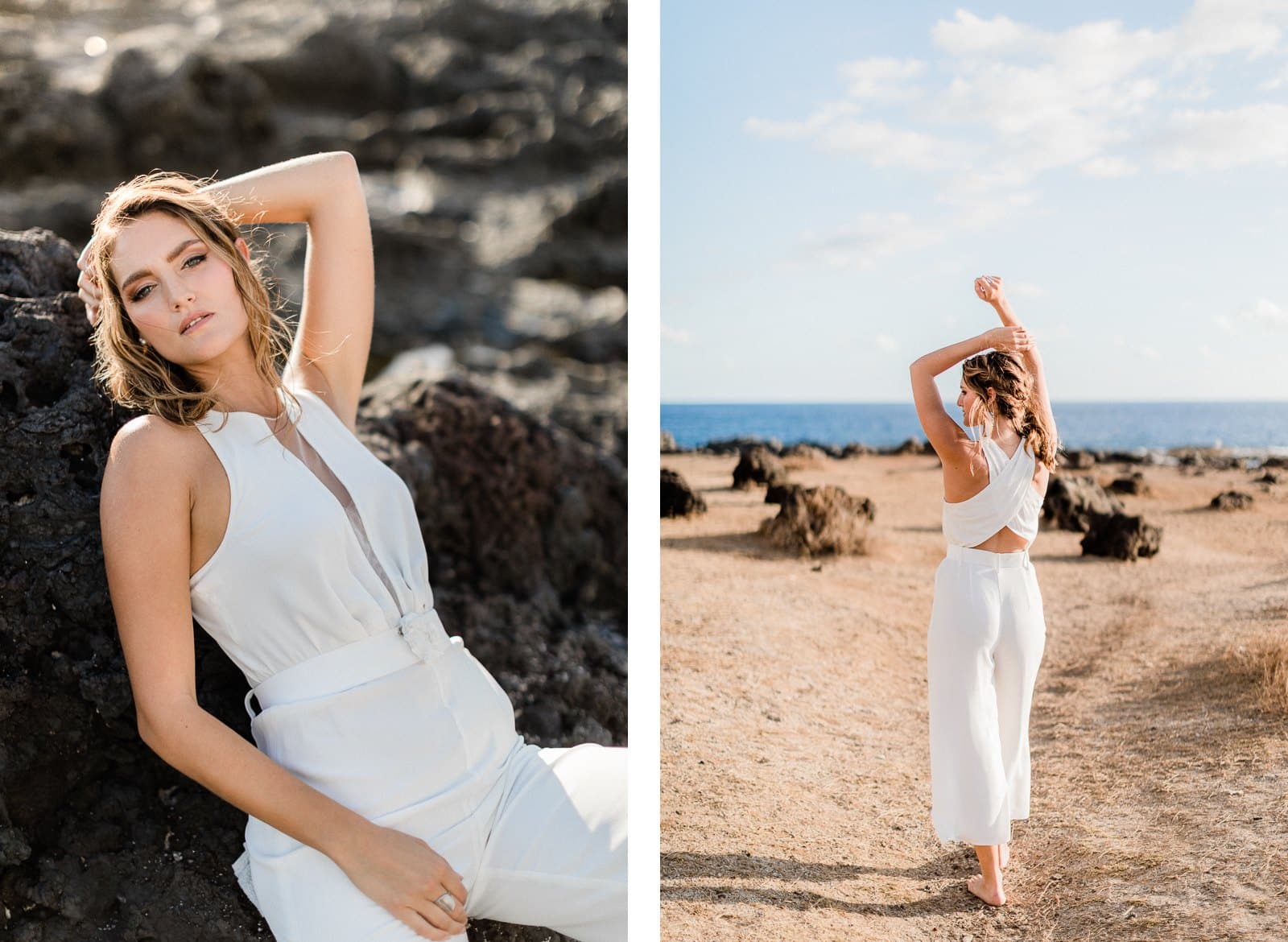 Photographie de Mathieu Dété, photographe de mariage, de mode et de couple à Saint-Leu sur l'île de la Réunion 974, présentant Emma, en robe de mariée de la marque Maison Mananne, sur les roches et dans la savane de la Pointe au Sel, lors d'un shooting inspiration de mariage