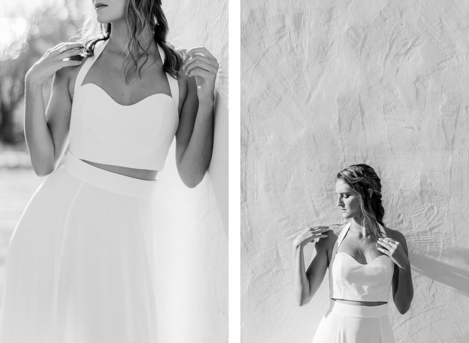 Photographie de Mathieu Dété, photographe de mariage, de mode et de couple à Saint-Leu sur l'île de la Réunion 974, présentant Emma en robe de mariée en noir et blanc