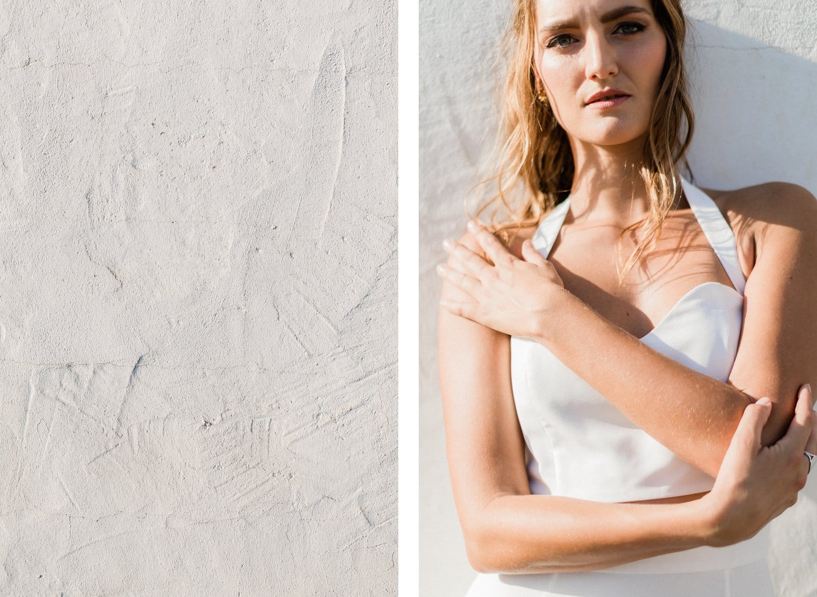 Photographie de Mathieu Dété, photographe de mariage, de mode et de couple à Saint-Leu sur l'île de la Réunion 974, présentant Emma, mannequin, en robe de mariée, contre un mur blanc