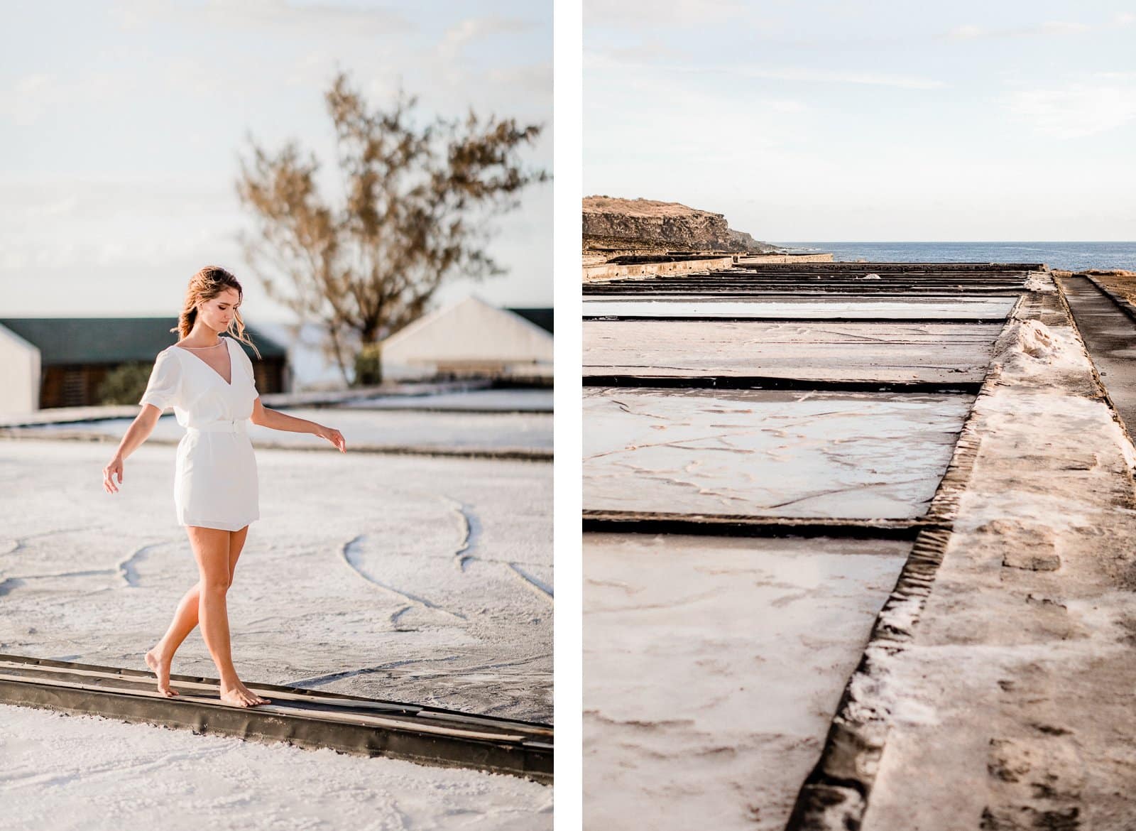 Photographie de Mathieu Dété, photographe de mariage, de mode et de couple à Saint-Leu sur l'île de la Réunion 974, présentant Emma en robe de mariée marchant entre les bassins de récolte de sel, lors d'un shooting inspiration de mariage