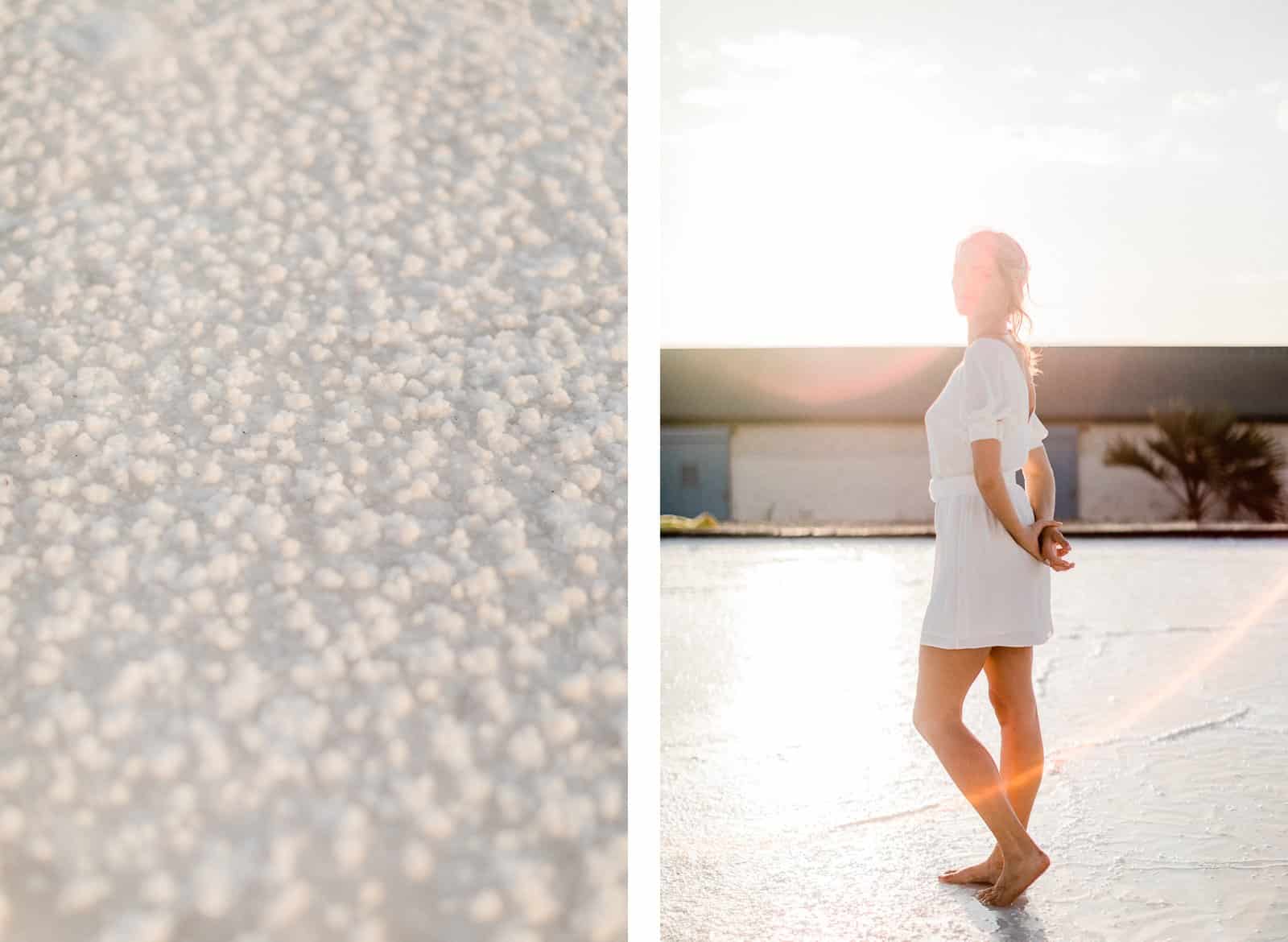 Photographie de Mathieu Dété, photographe de mariage, de mode et de couple à Saint-Leu sur l'île de la Réunion 974, présentant Emma sur les bassins de sel de la Pointe au Sel