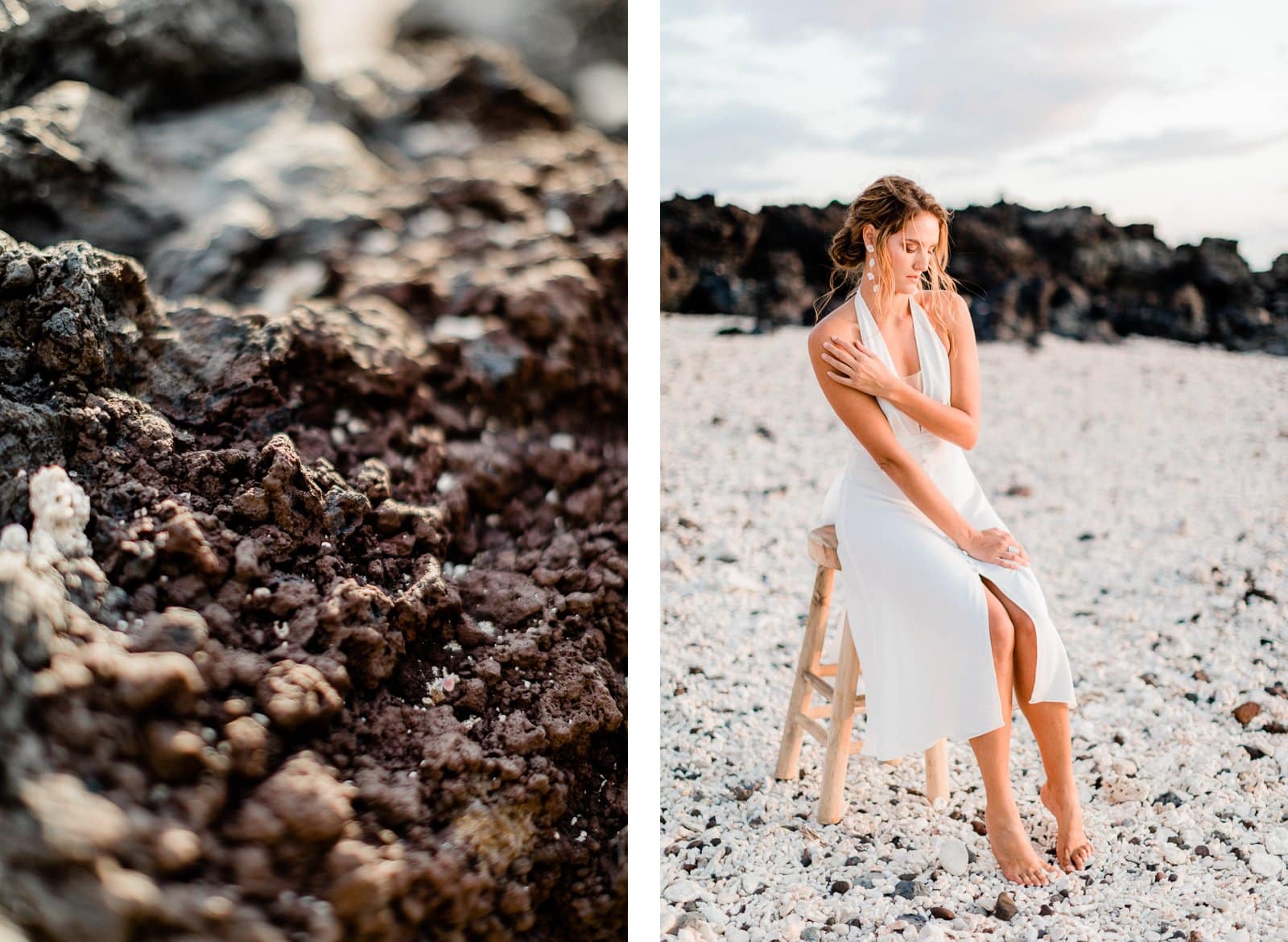 Photographie de Mathieu Dété, photographe de mariage, de mode et de couple à Saint-Leu sur l'île de la Réunion 974, présentant Emma en rode de mariée, et des détails de la roche volcanique