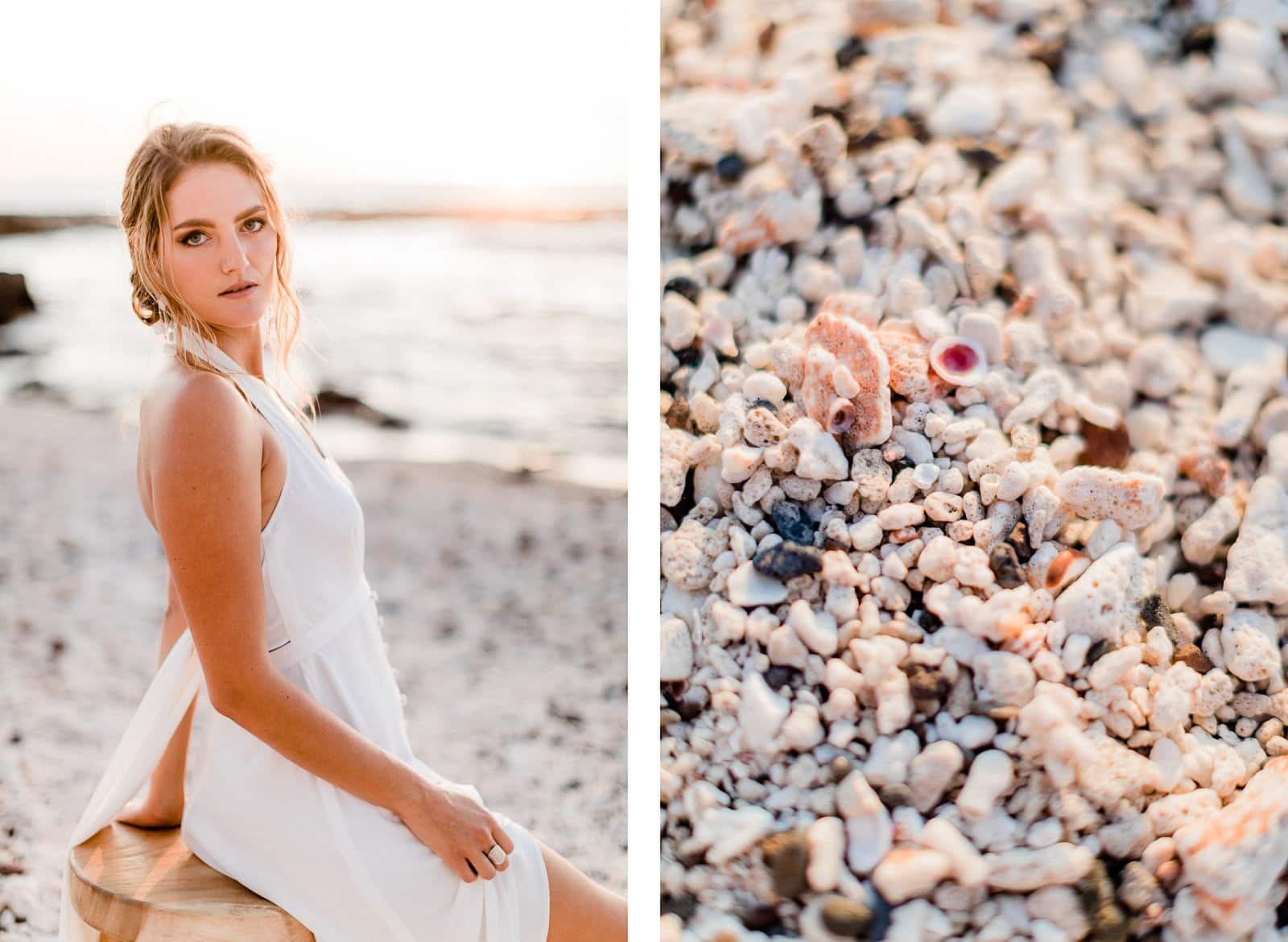 Photographie de Mathieu Dété, photographe de mariage, de mode et de couple à Saint-Pierre sur l'île de la Réunion 974, présentant une modèle assise sur la plage de Saint-Leu lors d'un coucher de soleil pendant un shooting de robes de mariées